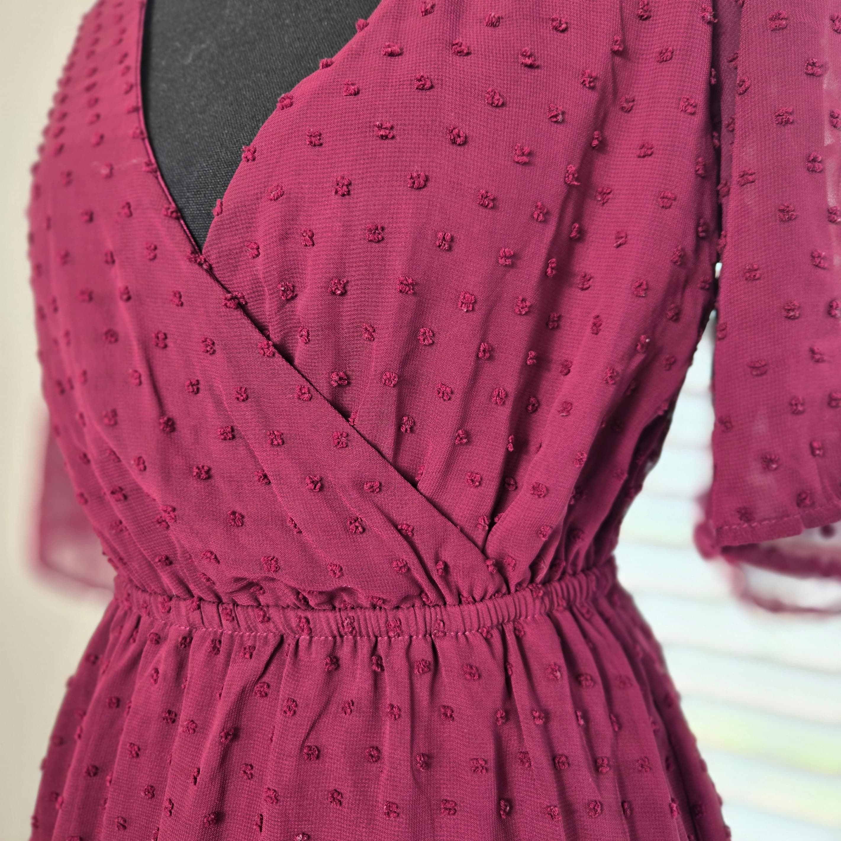 Rewind Burgundy Polka Dot Wrap Dress Size Small - Thumbnail 6