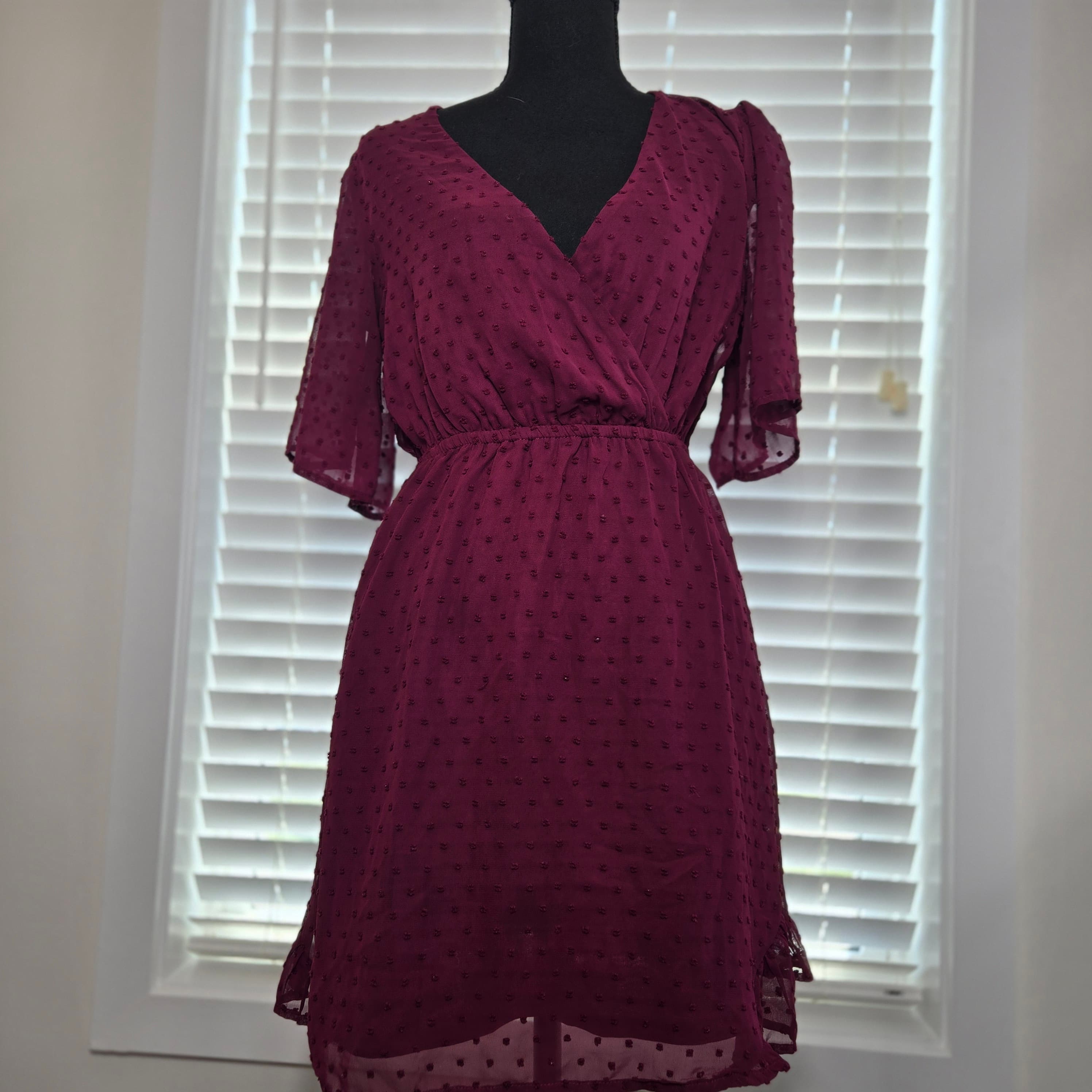Rewind Burgundy Polka Dot Wrap Dress Size Small - Thumbnail 7