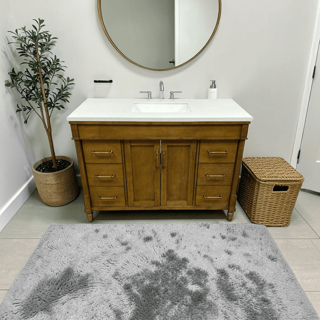 OVE Decors Salisbury Single Sink Freestanding Almond Latte Bathroom Vanity With White Engineered Marble Top