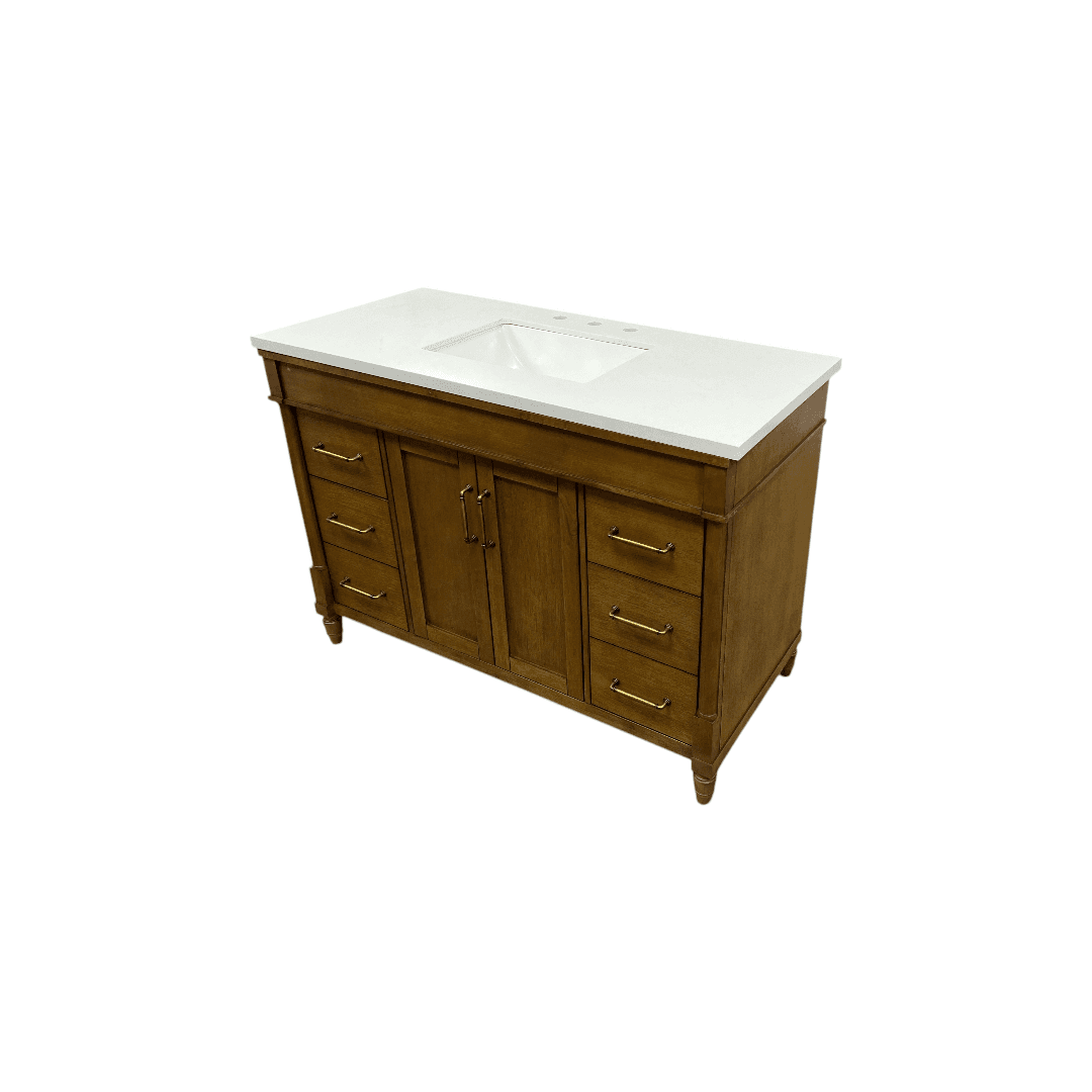 OVE Decors Salisbury Single Sink Freestanding Almond Latte Bathroom Vanity With White Engineered Marble Top - Thumbnail 4
