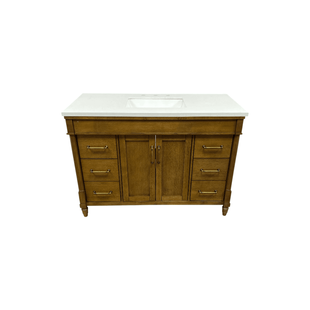 OVE Decors Salisbury Single Sink Freestanding Almond Latte Bathroom Vanity With White Engineered Marble Top - Thumbnail 2