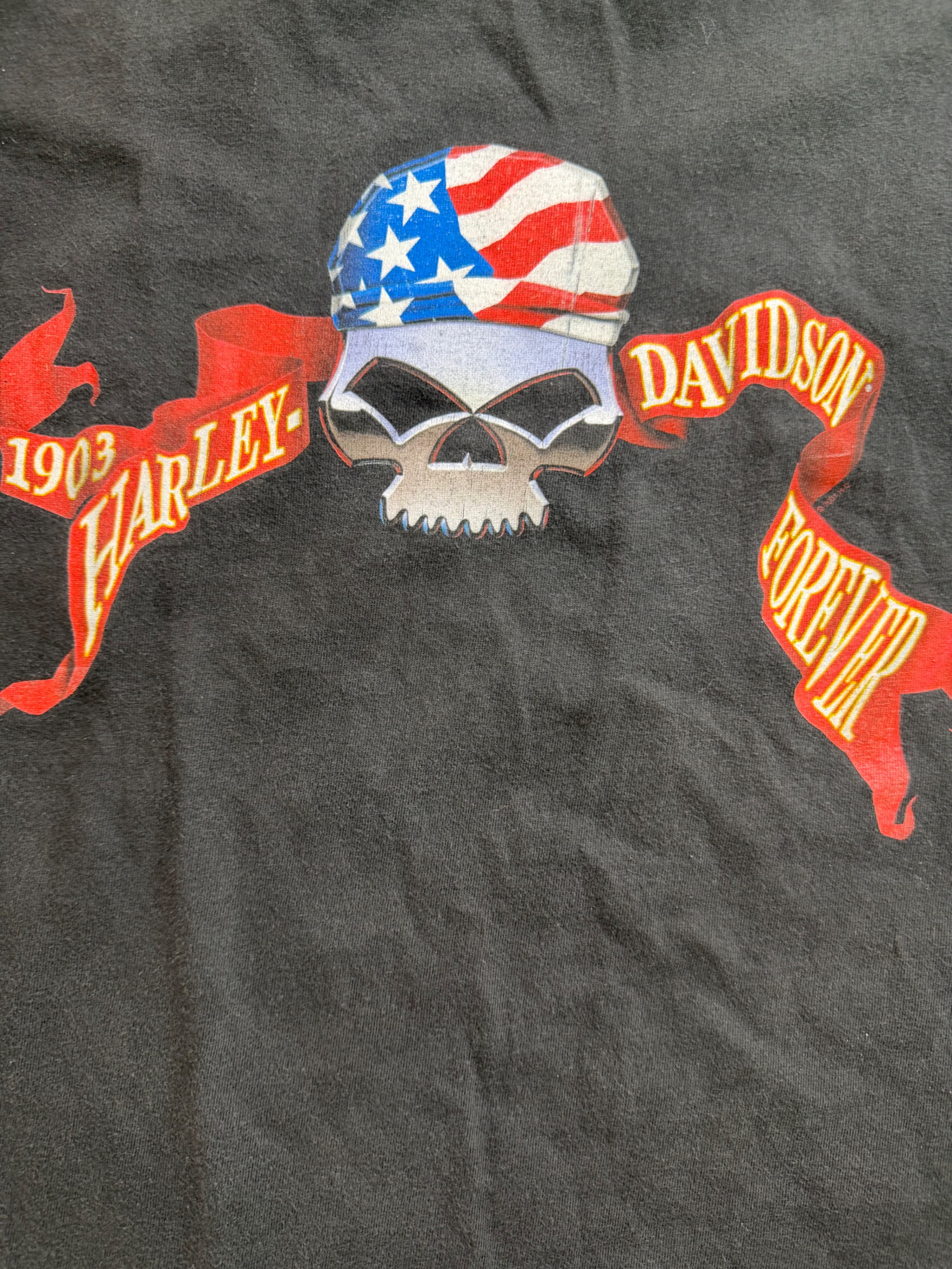 H-D Longview TX 1903 Forever Skull Flag Tee Vtg c2000 Sz 2XL - Thumbnail 7