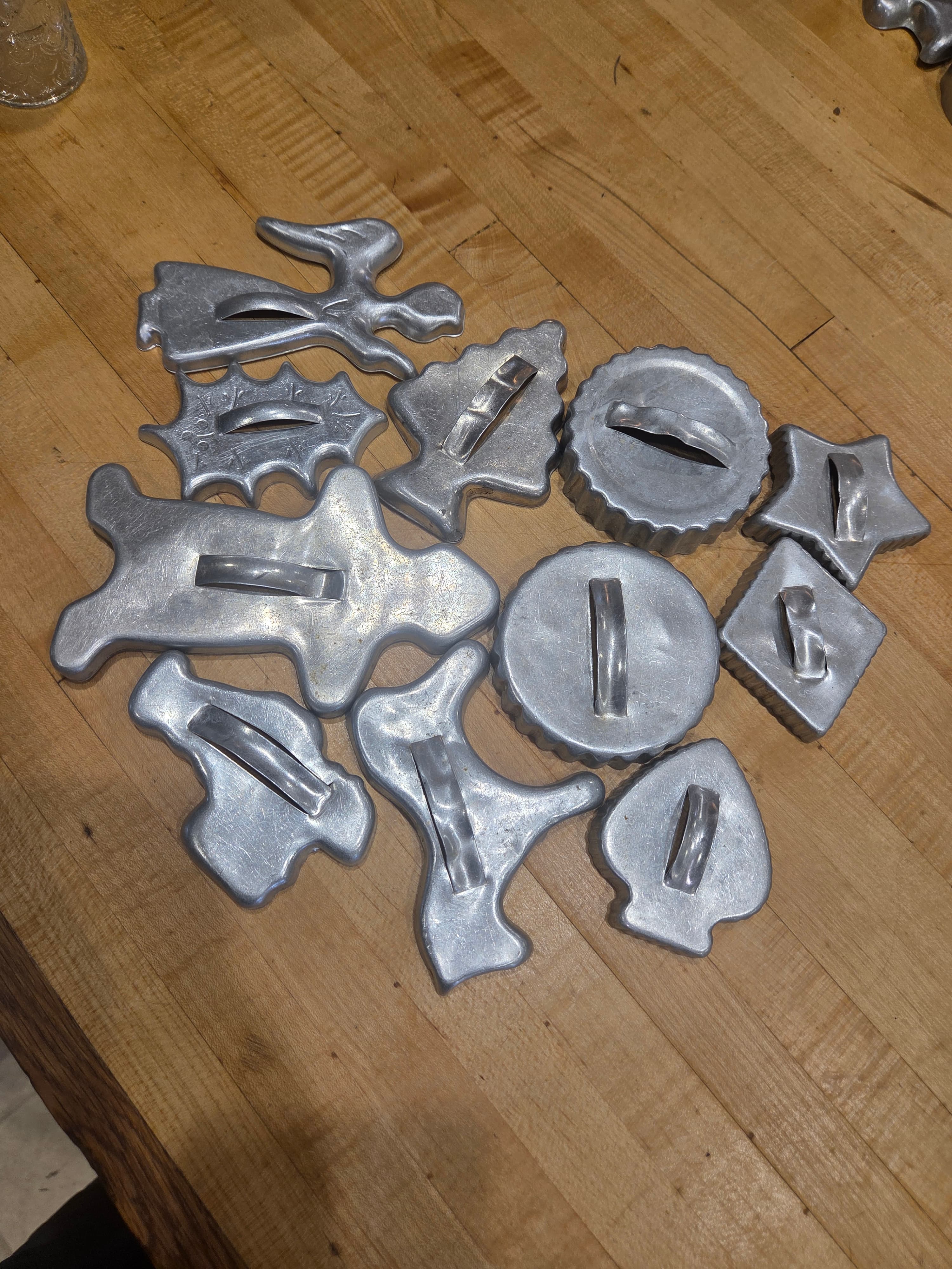 Lot of 11 Vintage Aluminum Cookie Cutters - Holiday Shapes & Arch Handles