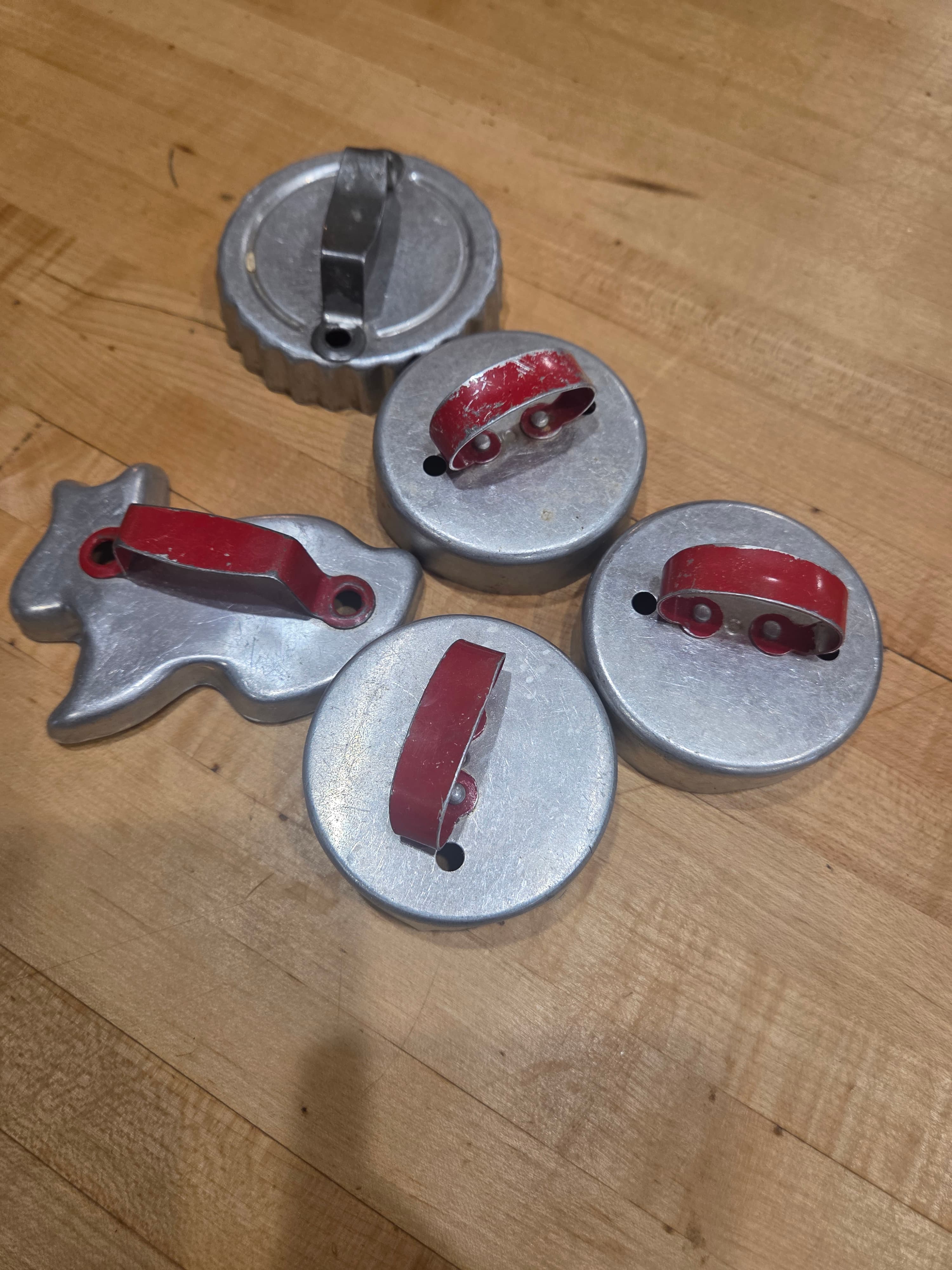 Lot of 5 Vintage Aluminum Cookie Cutters with Red Handles - Cat & Round Shapes