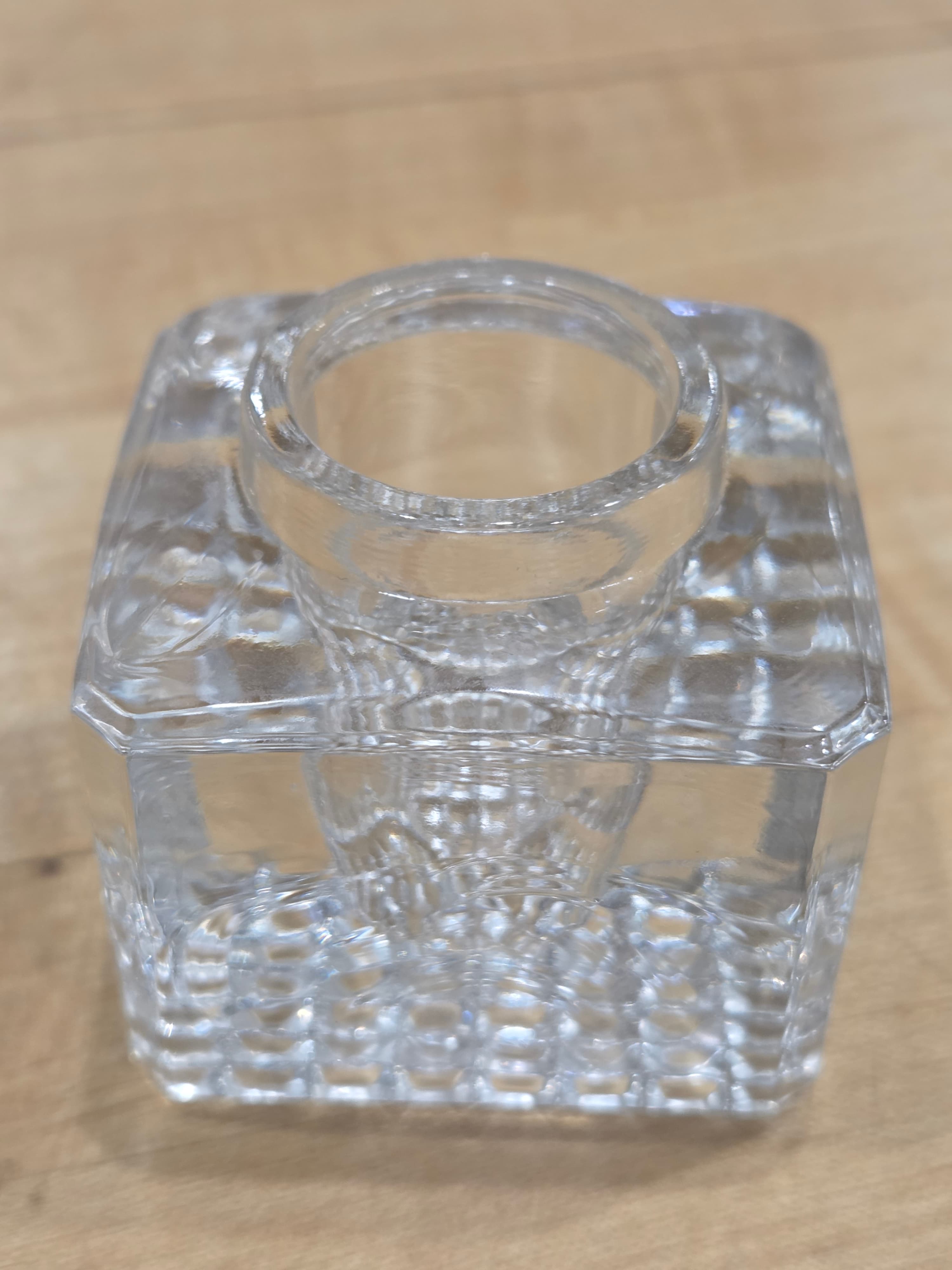 Antique Square Cut Glass Inkwell Heavy Block Waffle Hobnail Pattern Base No Lid