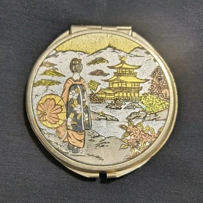 Vintage Japanese Compact Geisha Pagoda Temple Design Collectible Cosmetic