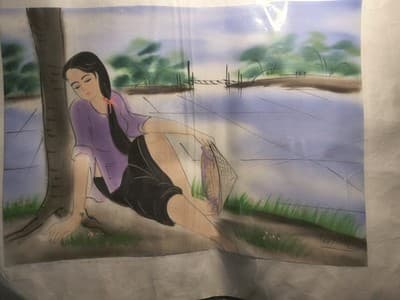 Signed Modern Original Painting of Woman Fishing, River, Tree, Nature Scene