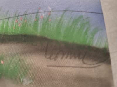 Signed Modern Original Painting of Woman Fishing, River, Tree, Nature Scene - Thumbnail 2
