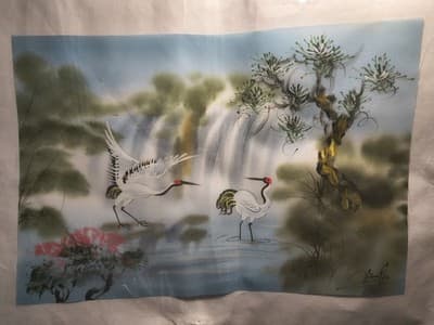 Chinese Silk Painting Scroll Cranes Waterfall Trees Blue Green Red Black