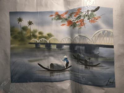 Signed Landscape Painting of Bridge, River, Boats, Person, Palm Trees