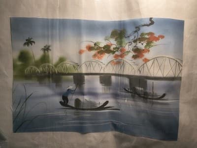 Signed Impressionist Watercolor Painting of Bridge, River, Boats, Trees, Person