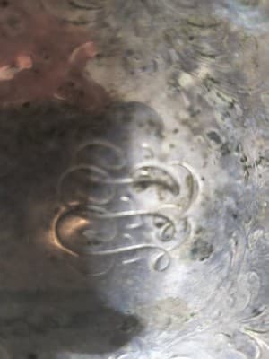 Antique Ornate Metal Hand Mirror Silver Tone Engraved Monogram Glass - Thumbnail 4