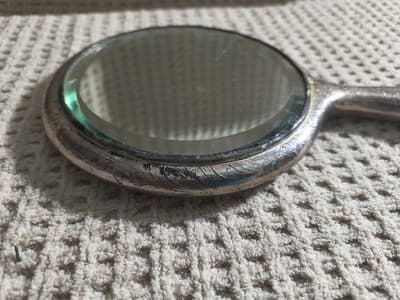 Antique Ornate Metal Hand Mirror Silver Tone Engraved Monogram Glass - Thumbnail 2