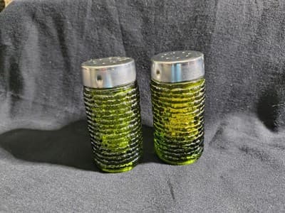 Green Glass Metal Salt & Pepper Shakers Round Decorative Glossy Set of 2 - Thumbnail 2
