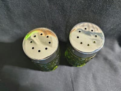 Green Glass Metal Salt & Pepper Shakers Round Decorative Glossy Set of 2 - Thumbnail 3
