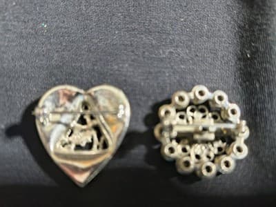 Vintage Rhinestone Heart & Round Brooch Pin Set Silver Clear Multicolor - Thumbnail 2