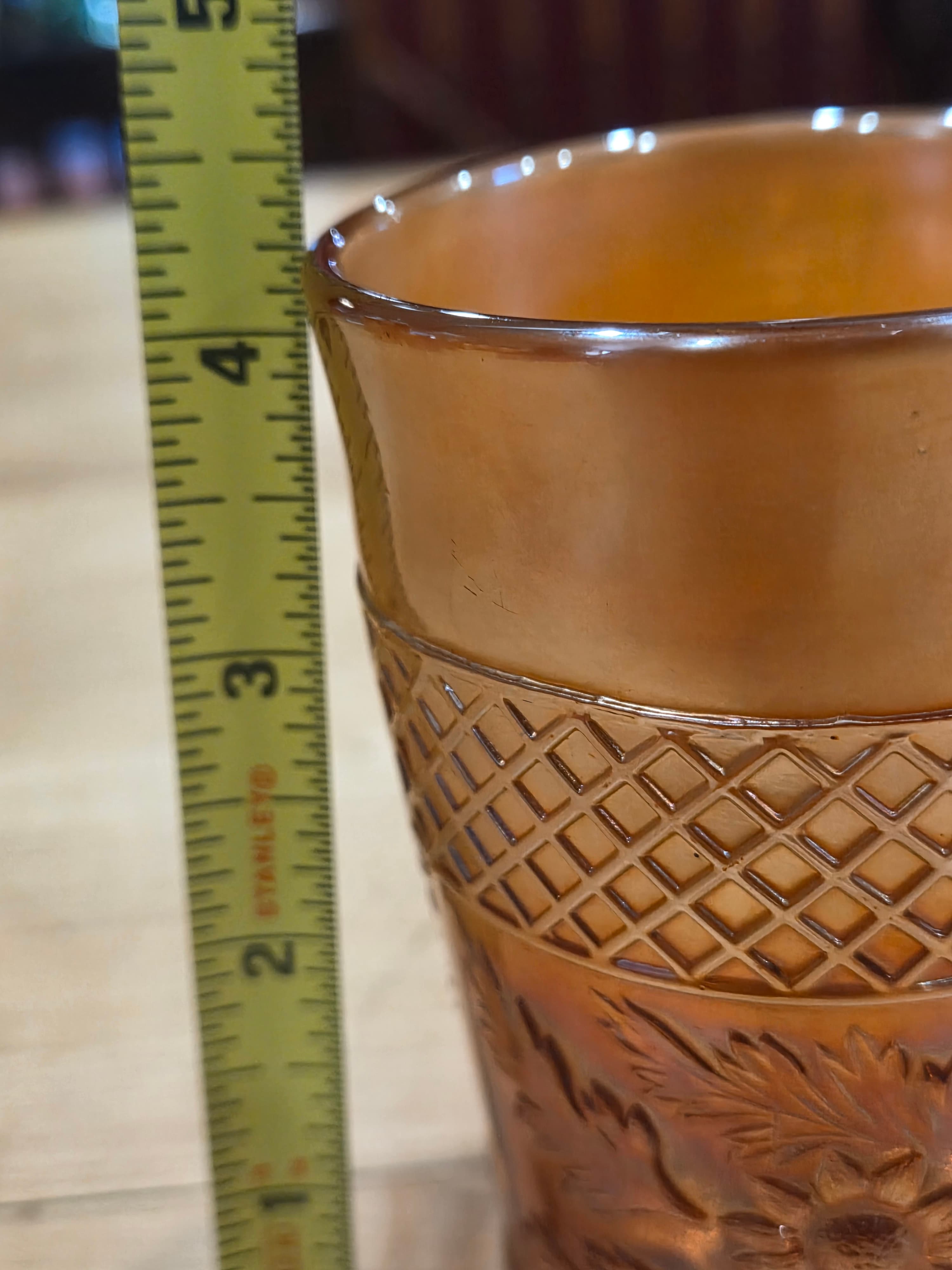 Antique Dugan Marigold Carnival Glass Lattice and Daisy Tumbler - Thumbnail 5