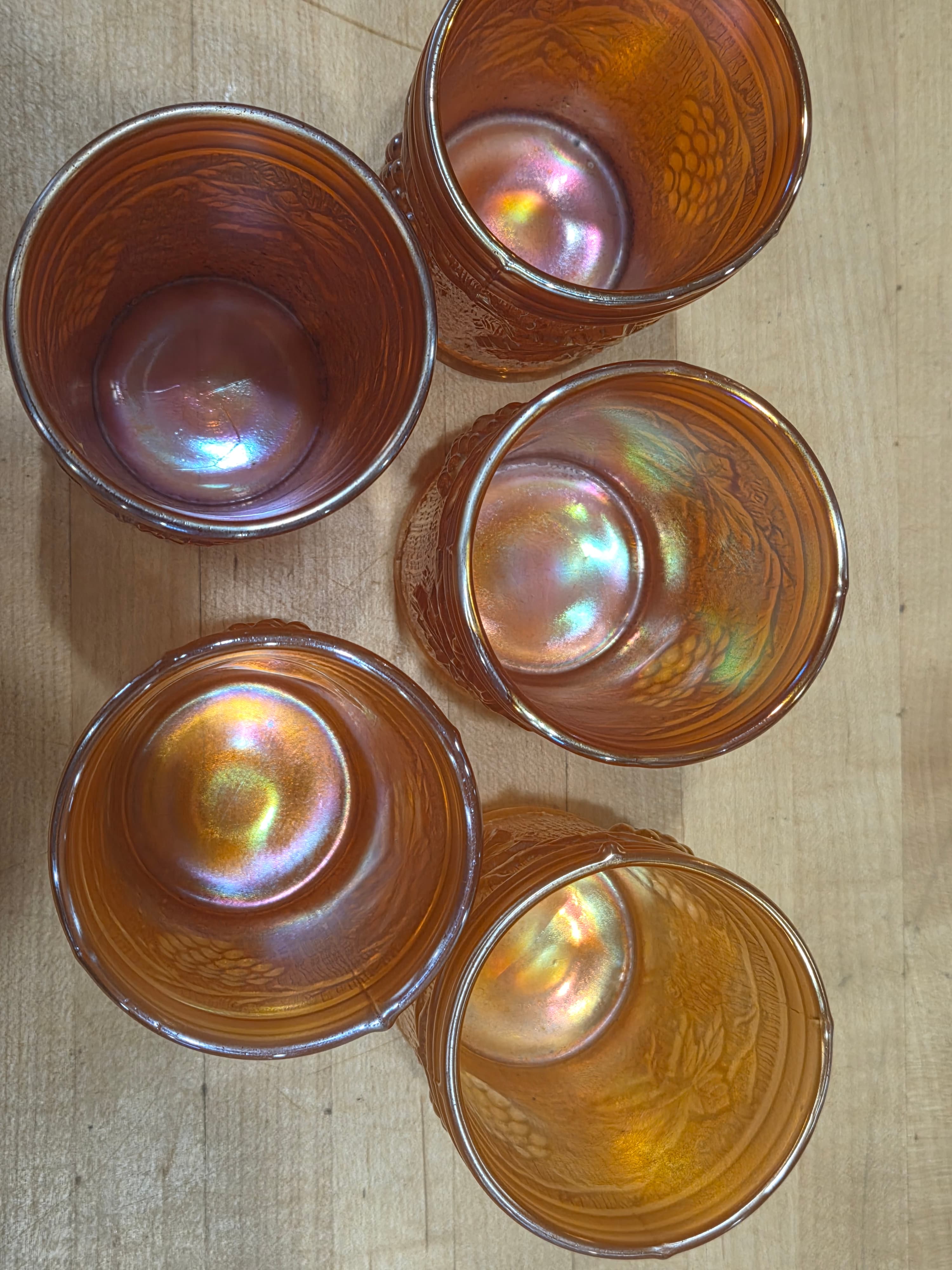 Set of 5 Antique Northwood Marigold Carnival Glass Grape and Gothic Arches Tumblers - Thumbnail 2