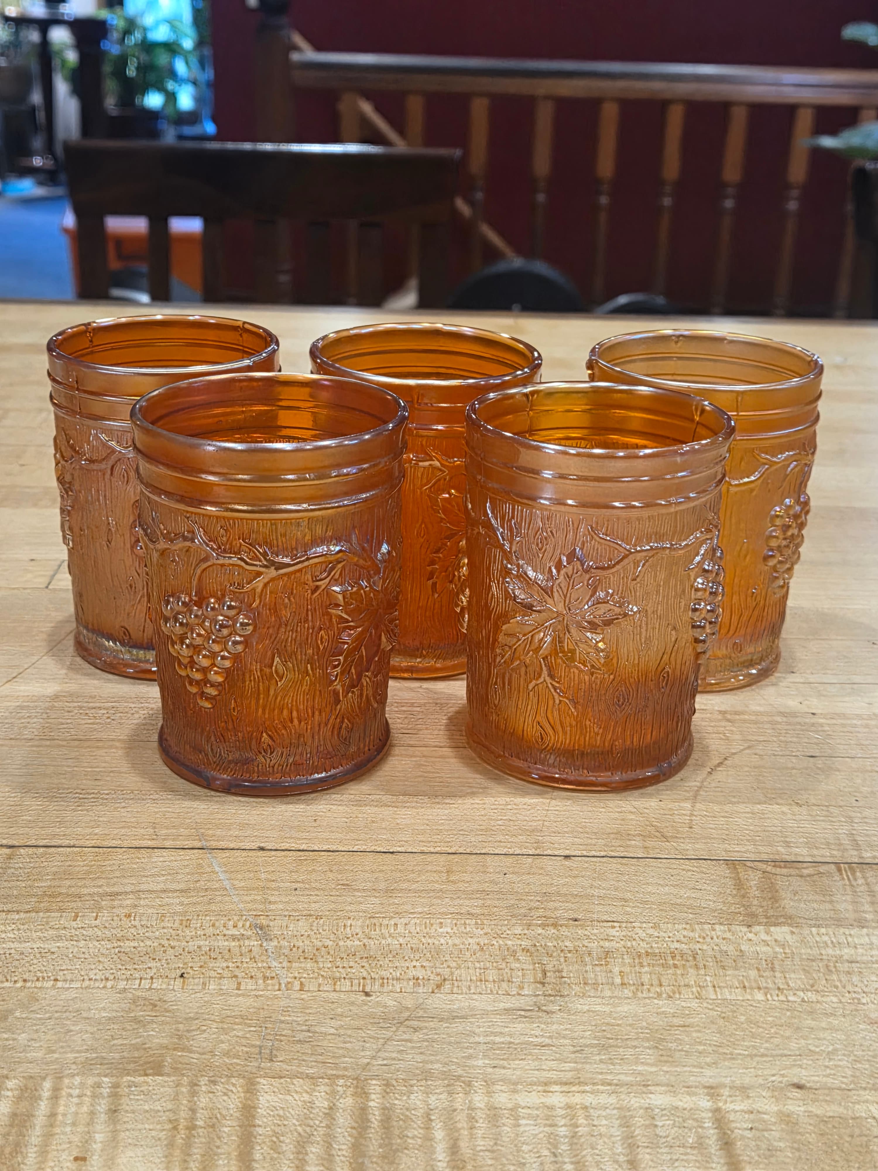 Set of 5 Antique Northwood Marigold Carnival Glass Grape and Gothic Arches Tumblers