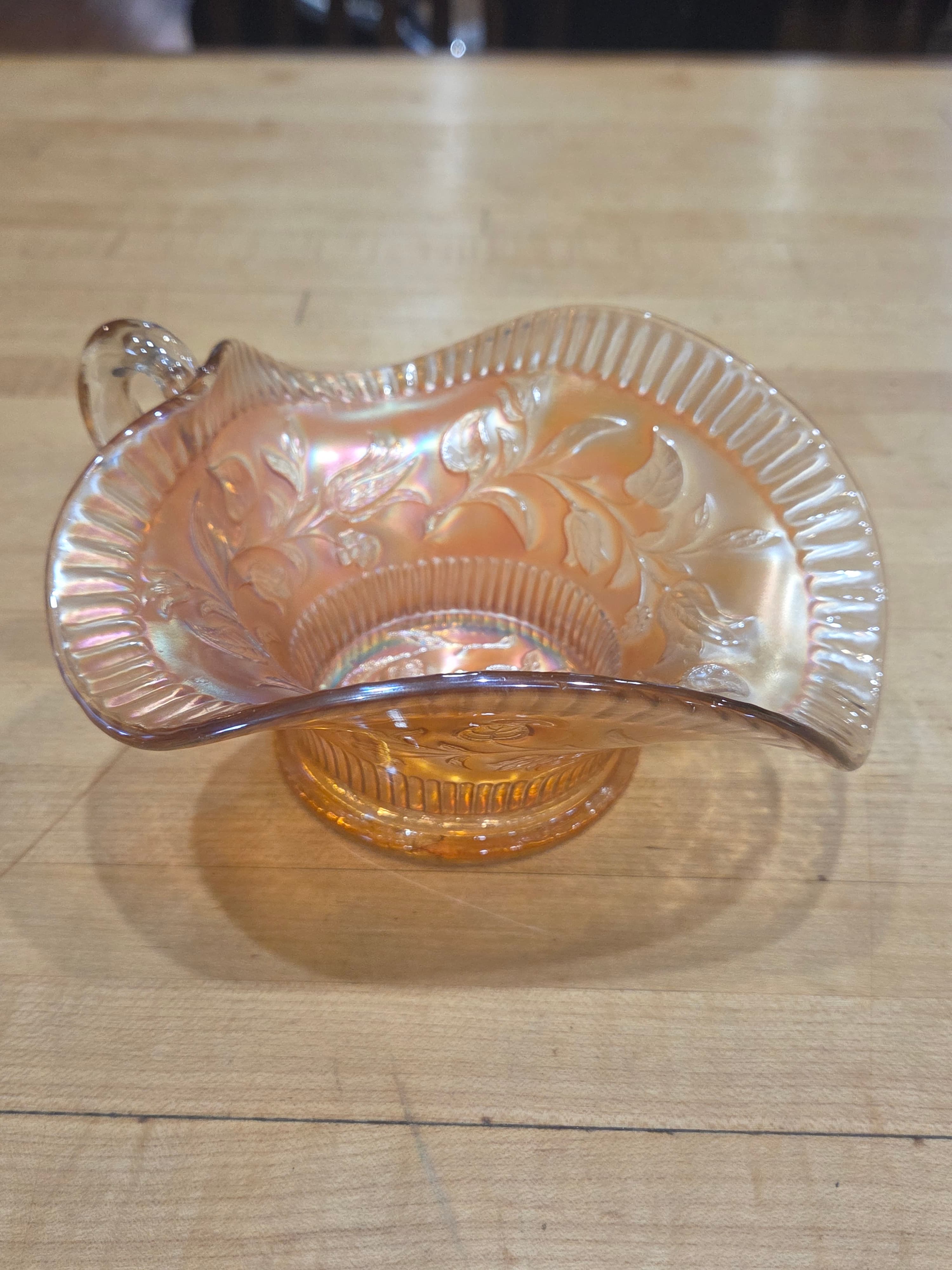 Fenton Antique Marigold Carnival Glass Tulip Handled Nappy Bowl