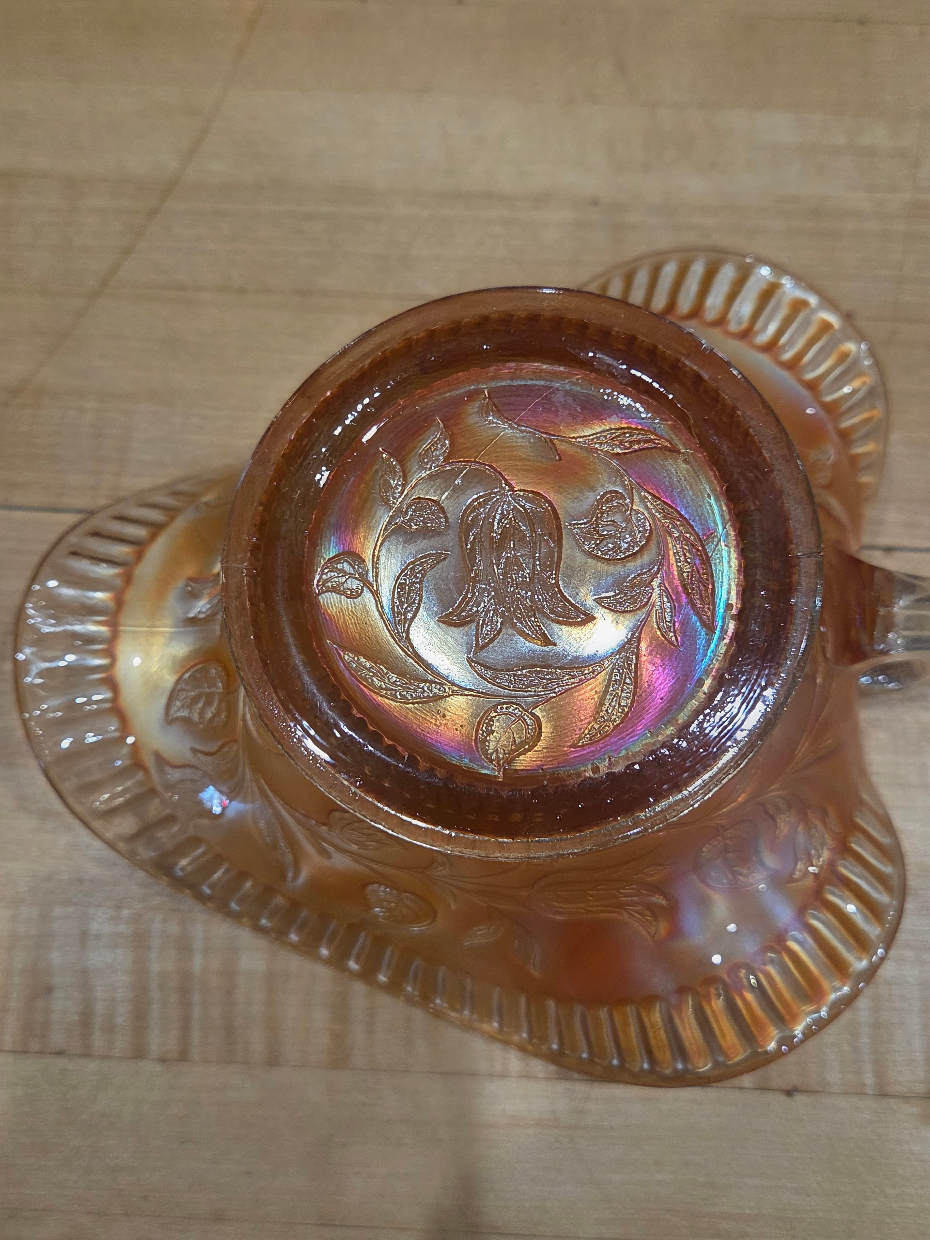 Fenton Antique Marigold Carnival Glass Tulip Handled Nappy Bowl - Thumbnail 3