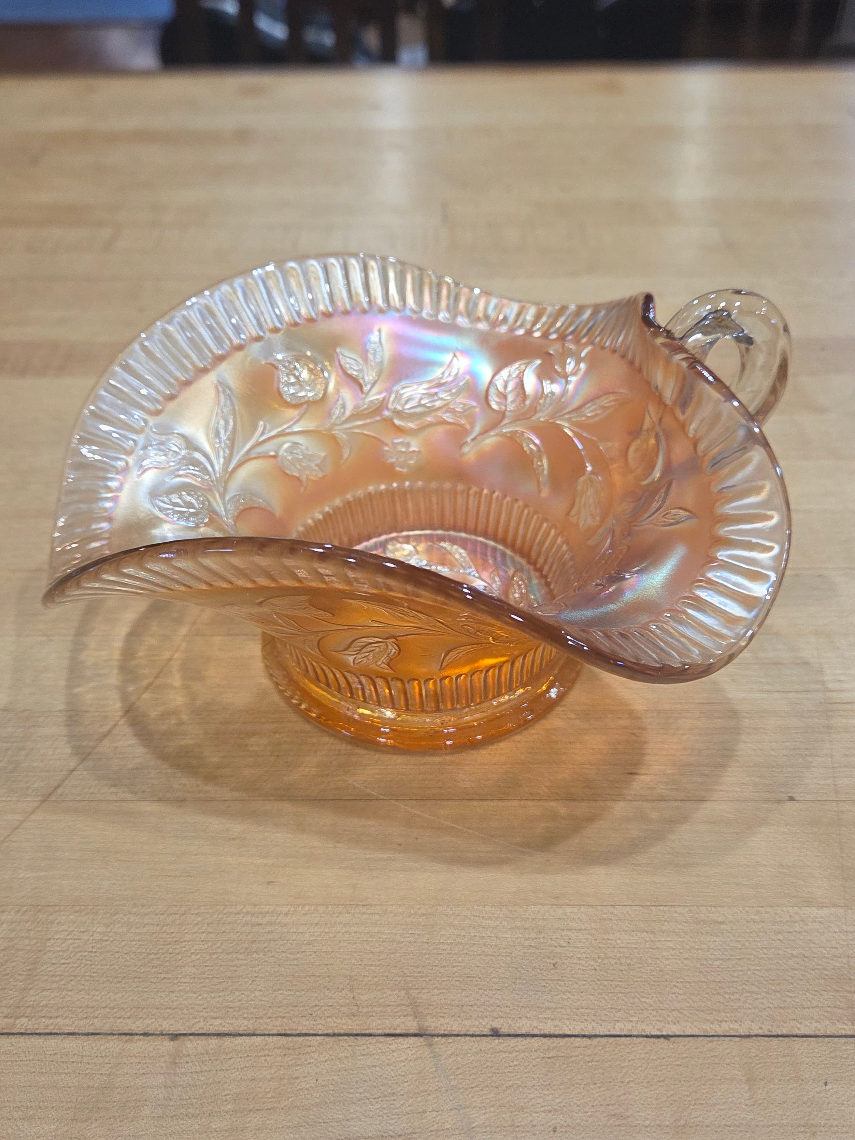 Fenton Antique Marigold Carnival Glass Tulip Handled Nappy Bowl - Thumbnail 2