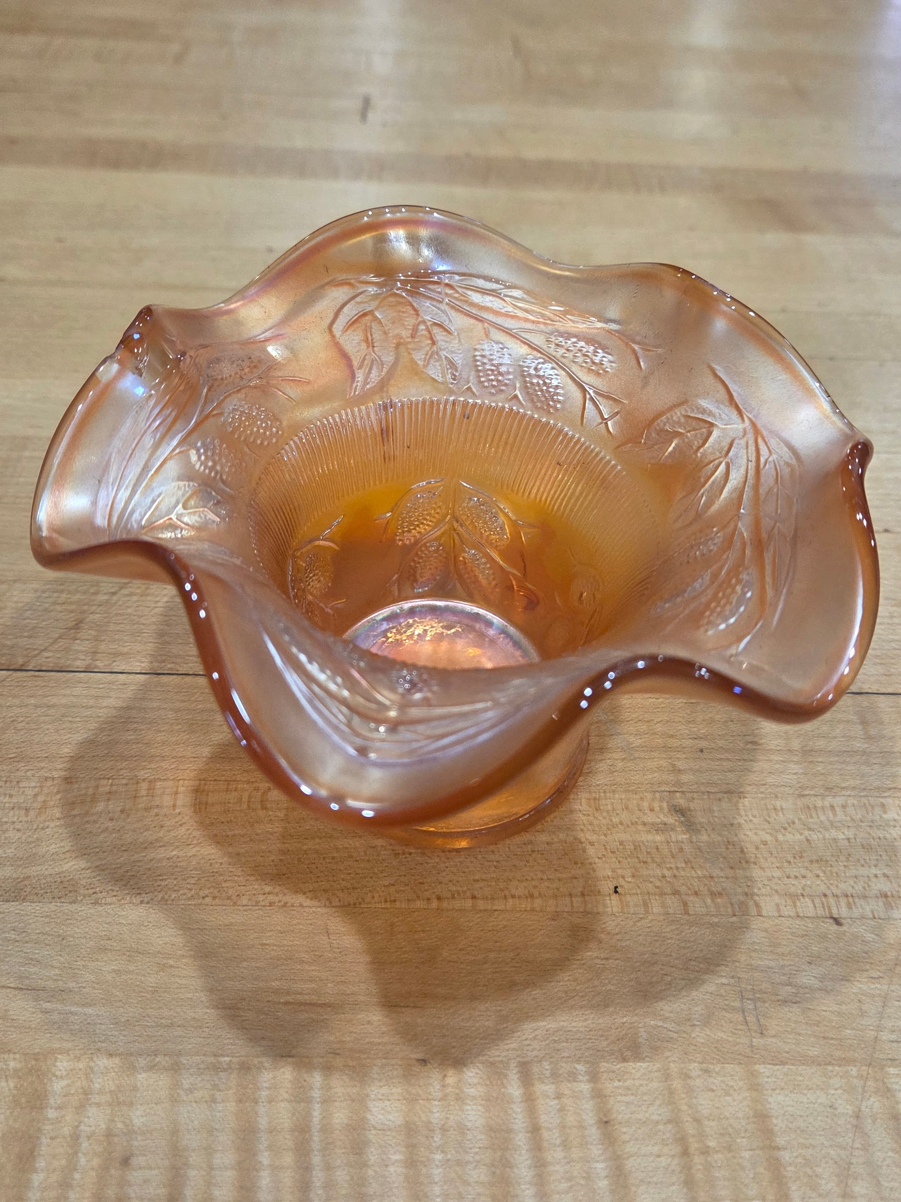 Antique Fenton Marigold Carnival Glass Blackberry Spray Ruffled Hat Bowl