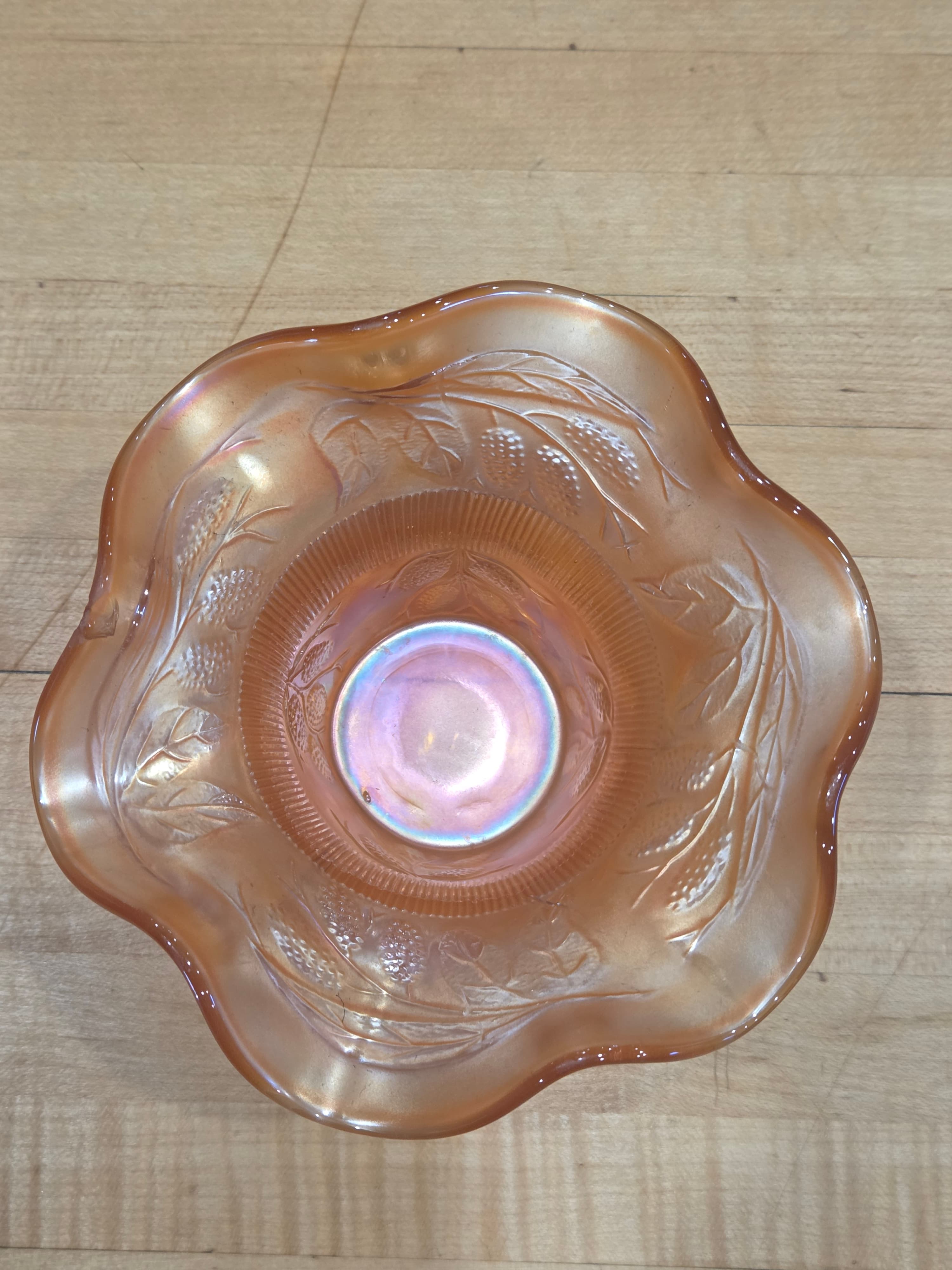 Antique Fenton Marigold Carnival Glass Blackberry Spray Ruffled Hat Bowl - Thumbnail 2