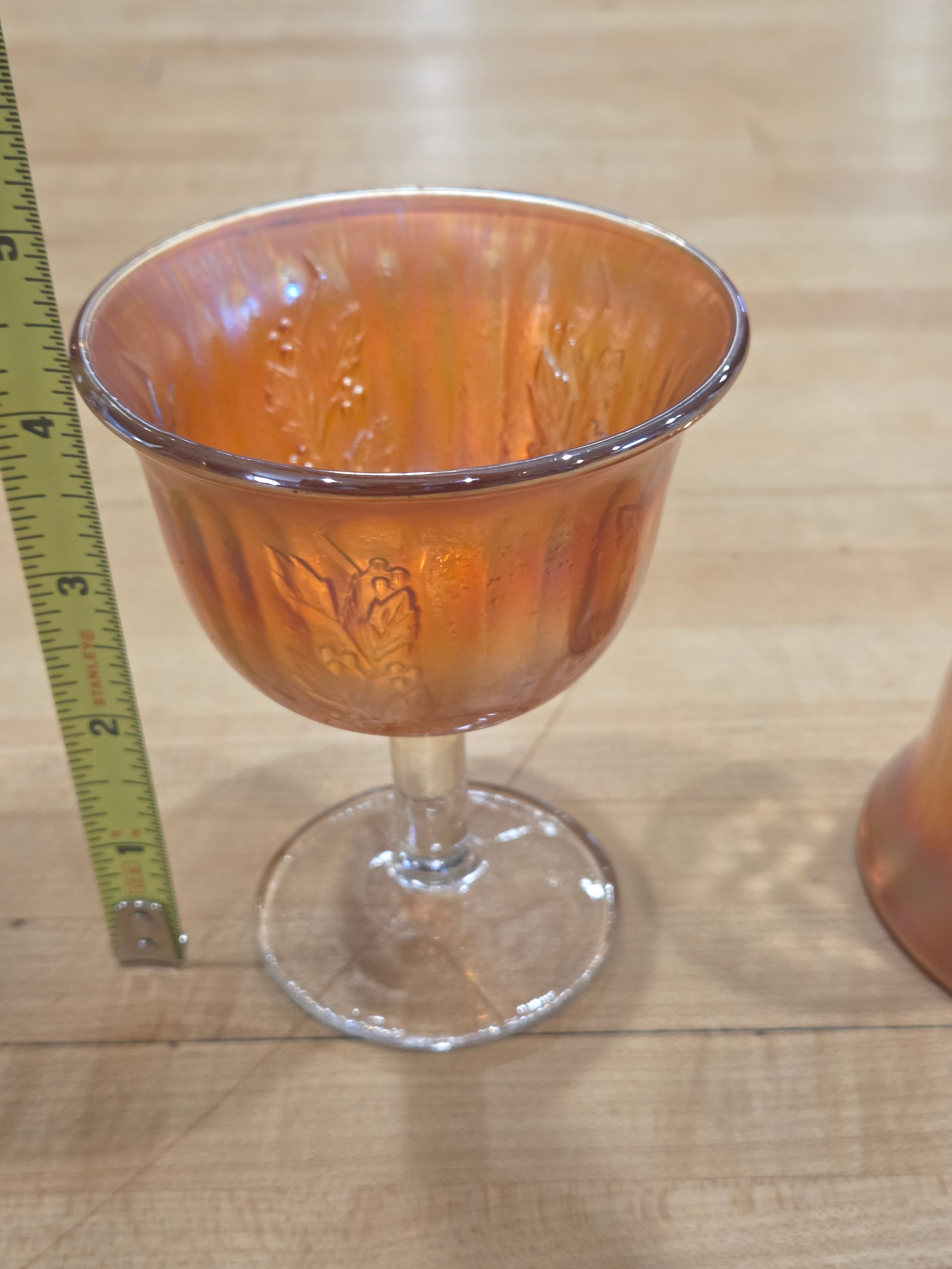 Antique Fenton Marigold Carnival Glass Holly Berry Stemmed Sherbet Cups Pair - Thumbnail 5