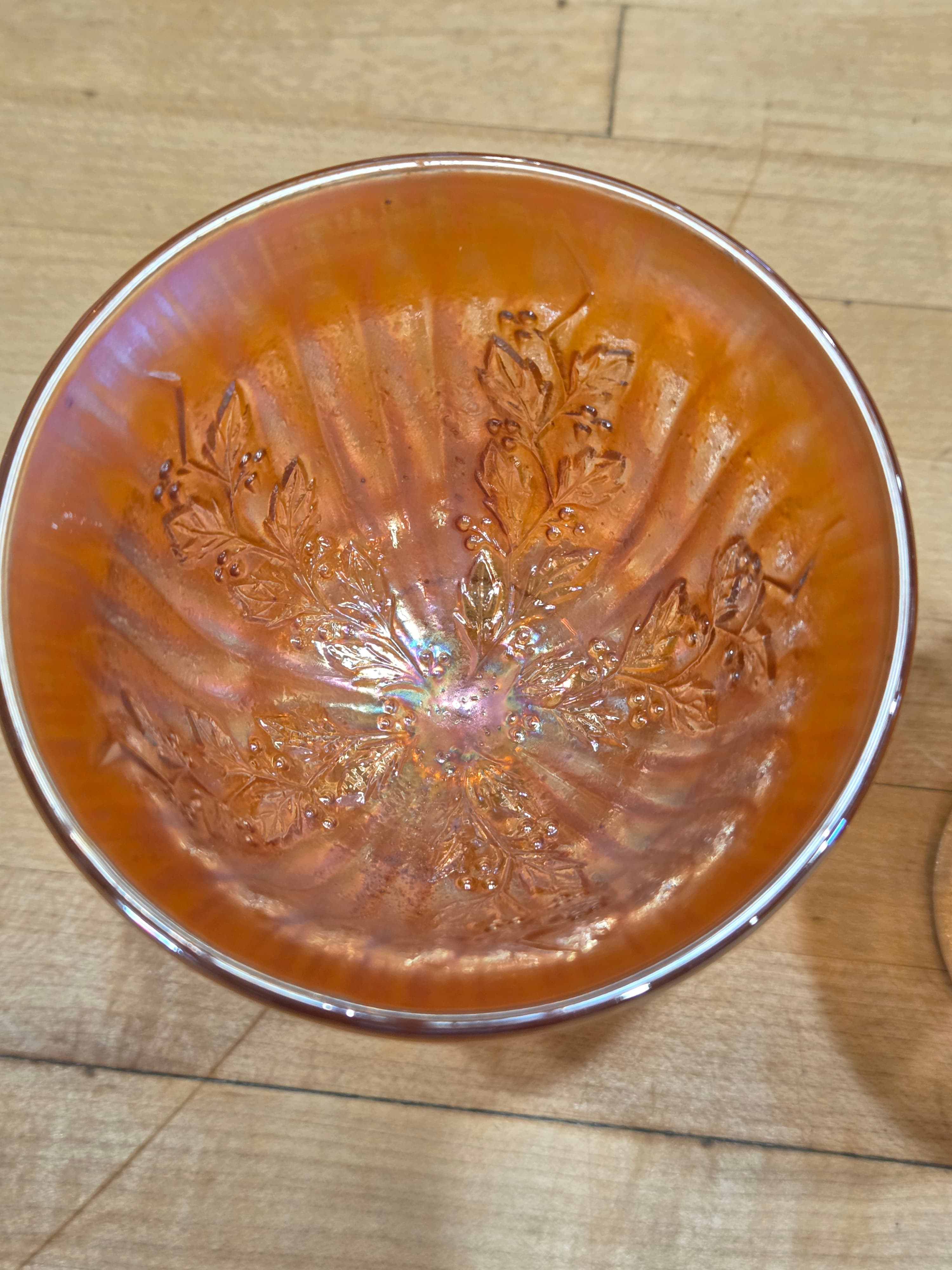 Antique Fenton Marigold Carnival Glass Holly Berry Stemmed Sherbet Cups Pair - Thumbnail 3