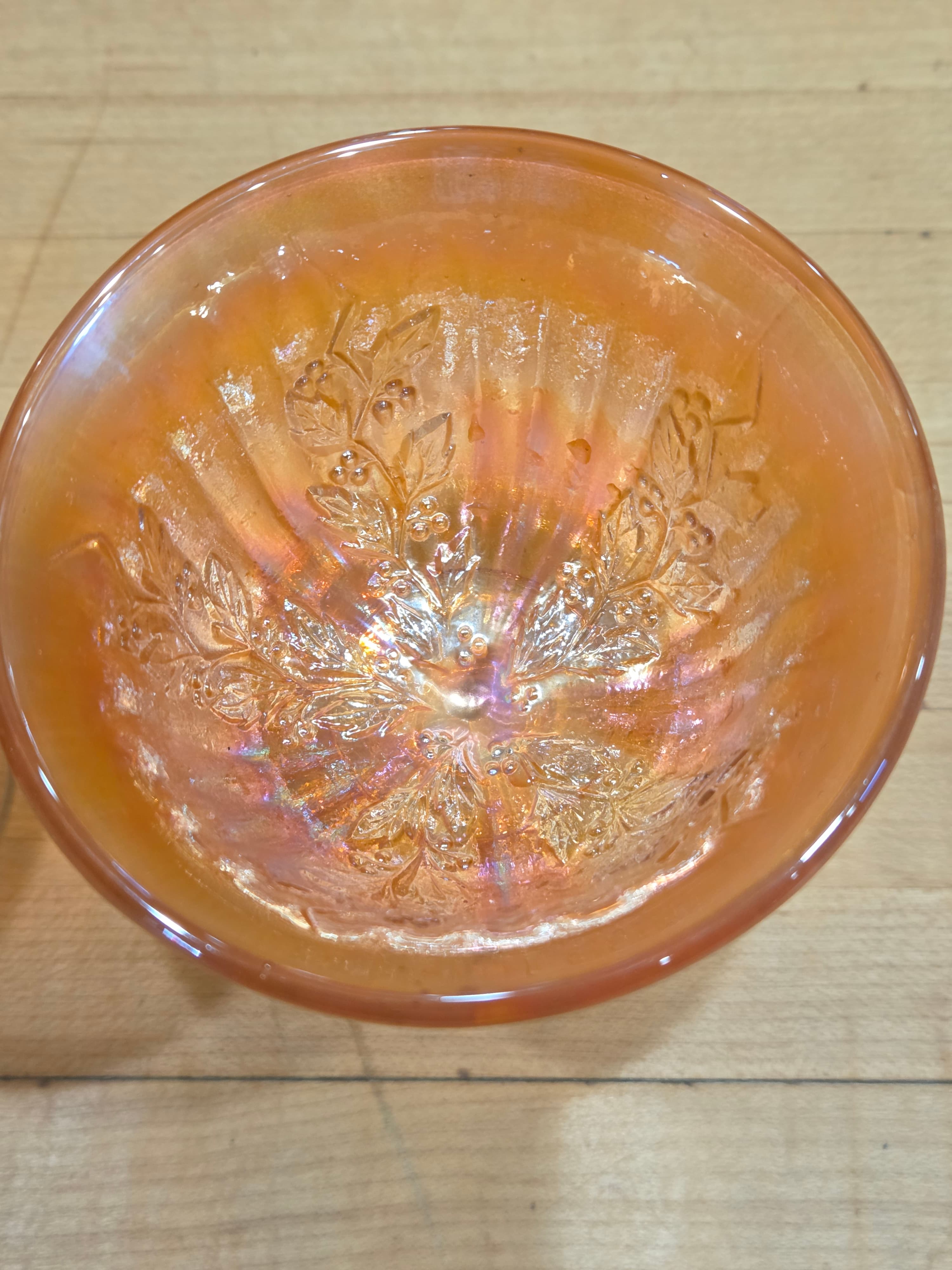 Antique Fenton Marigold Carnival Glass Holly Berry Stemmed Sherbet Cups Pair - Thumbnail 4