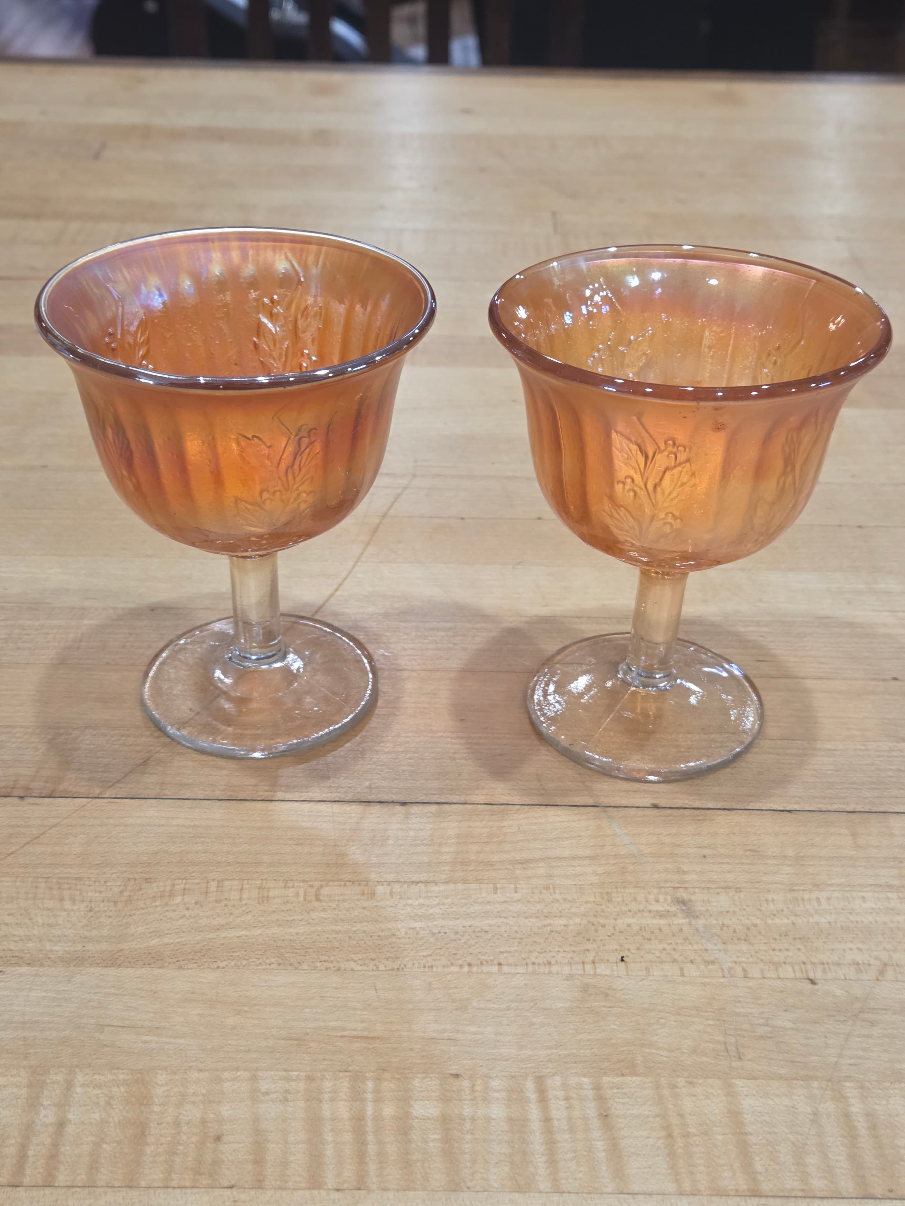 Antique Fenton Marigold Carnival Glass Holly Berry Stemmed Sherbet Cups Pair