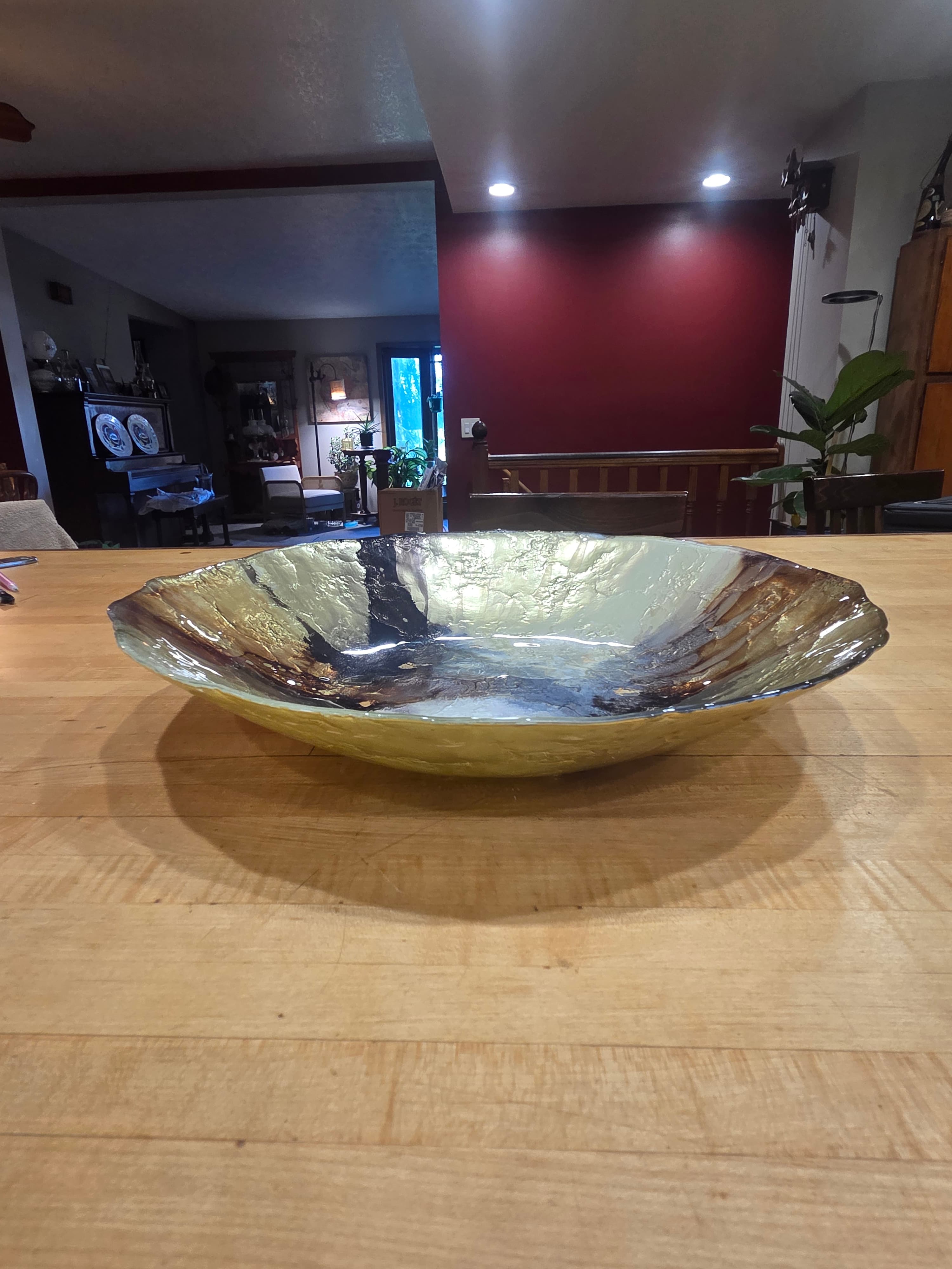 Tozai Home Two's Company Nuit d'Or Gold and Black Art Glass Platter Bowl - Thumbnail 3