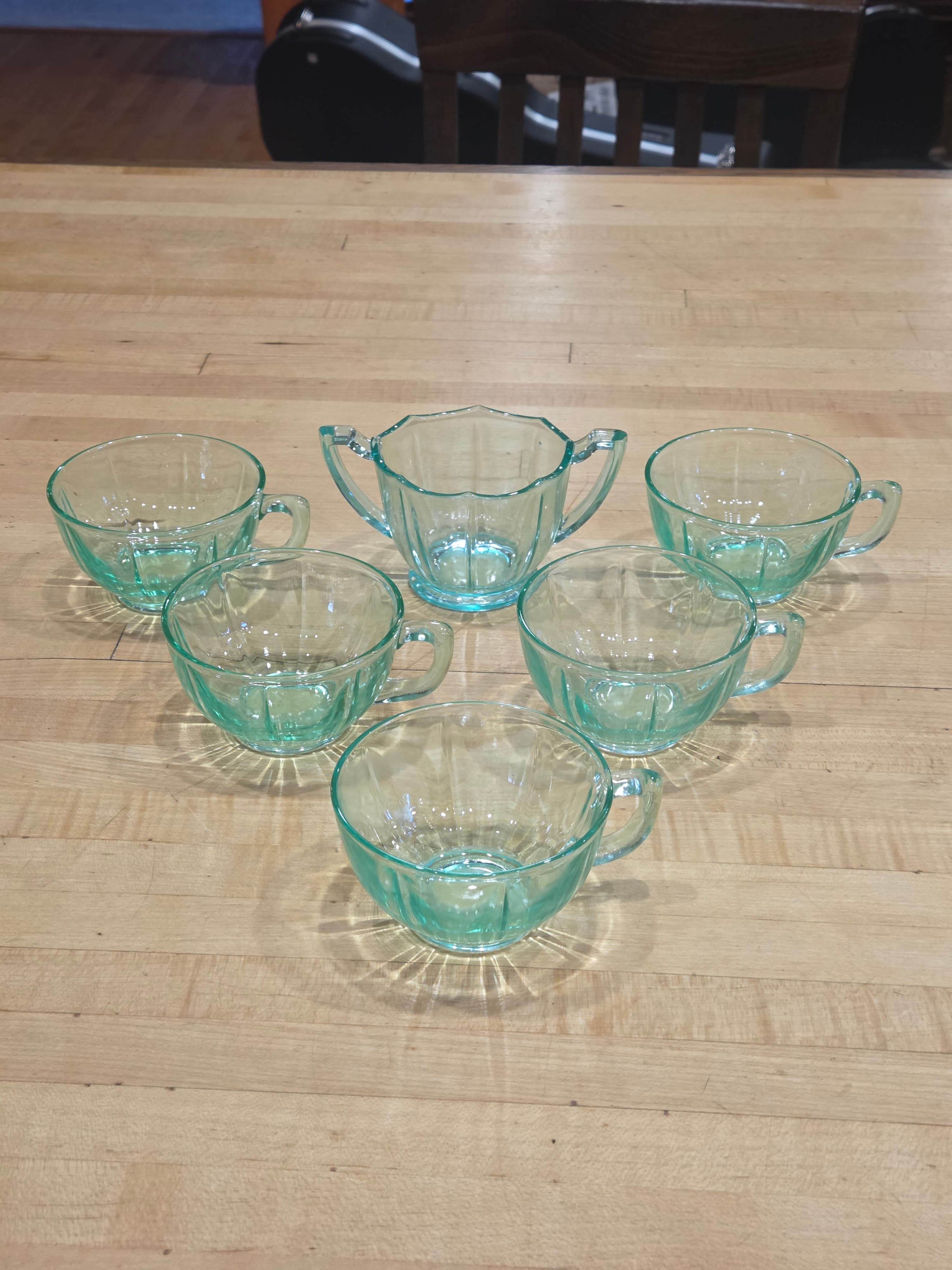 Vintage Jeannette Ultramarine Swirl Uranium Glass 6 Piece Cup and Sugar Set - Thumbnail 3