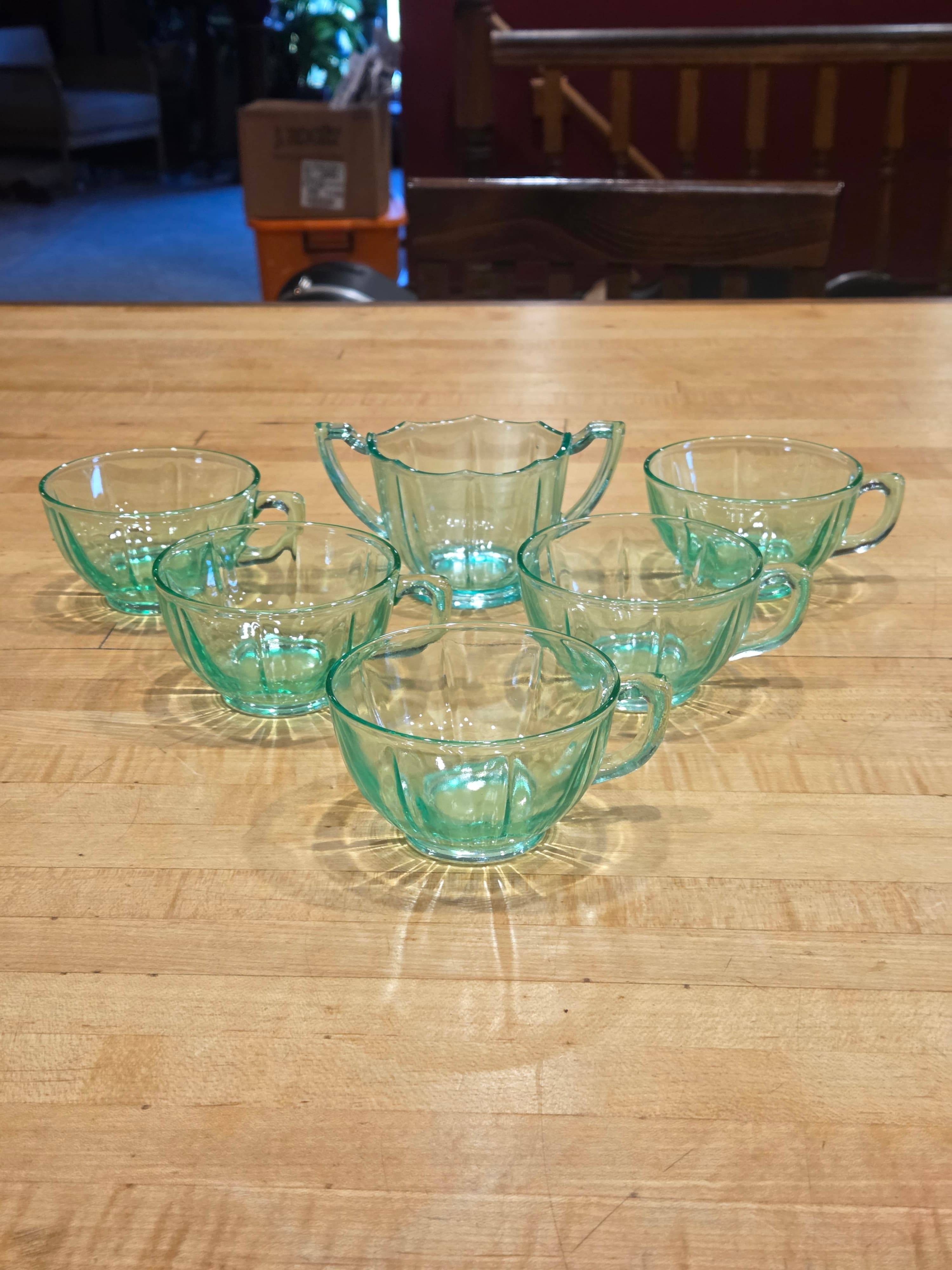 Vintage Jeannette Ultramarine Swirl Uranium Glass 6 Piece Cup and Sugar Set - Thumbnail 4