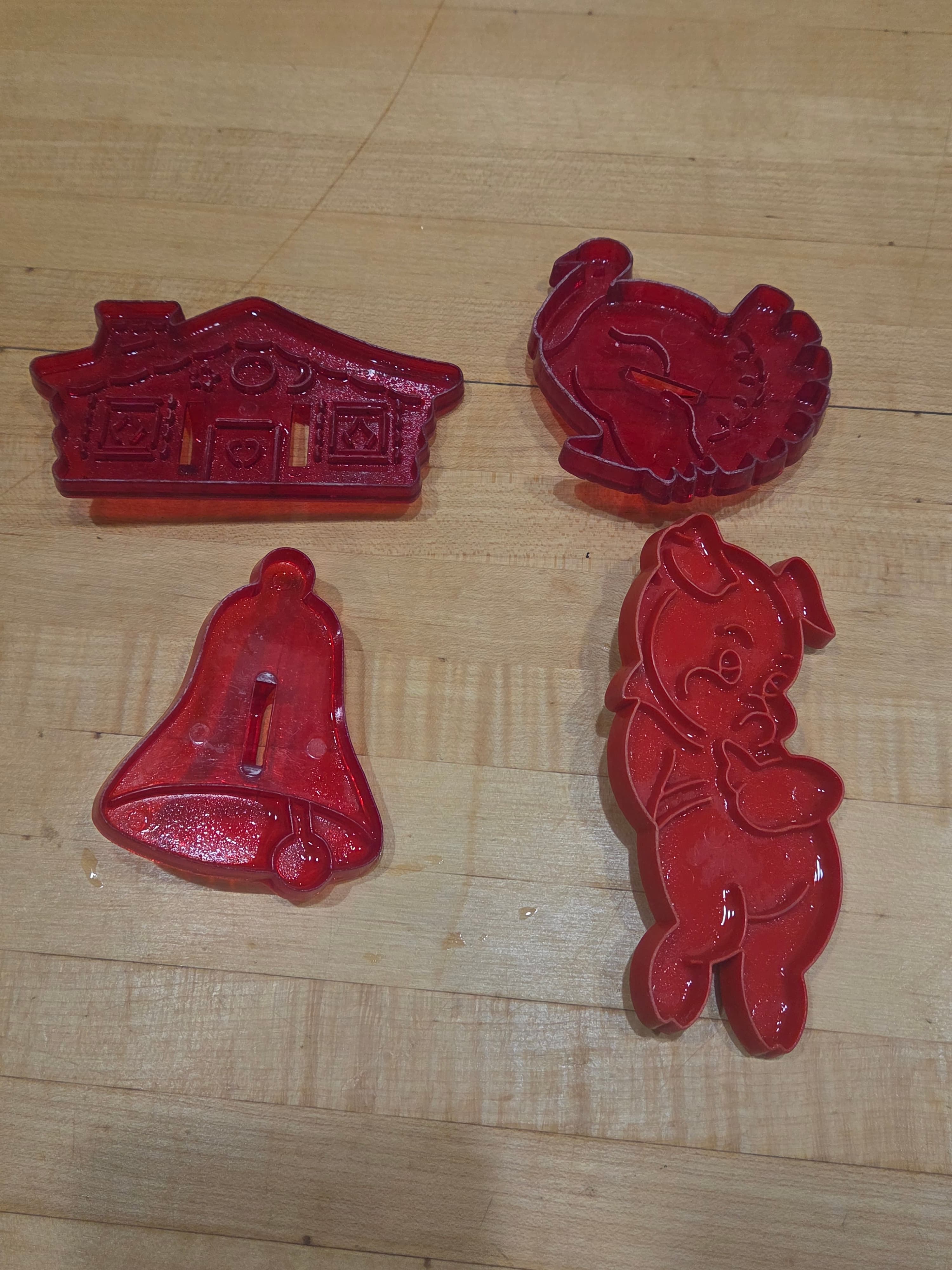 Vintage HRM Red Plastic Cookie Cutters Porky Pig House Bell Turkey Set of 4
