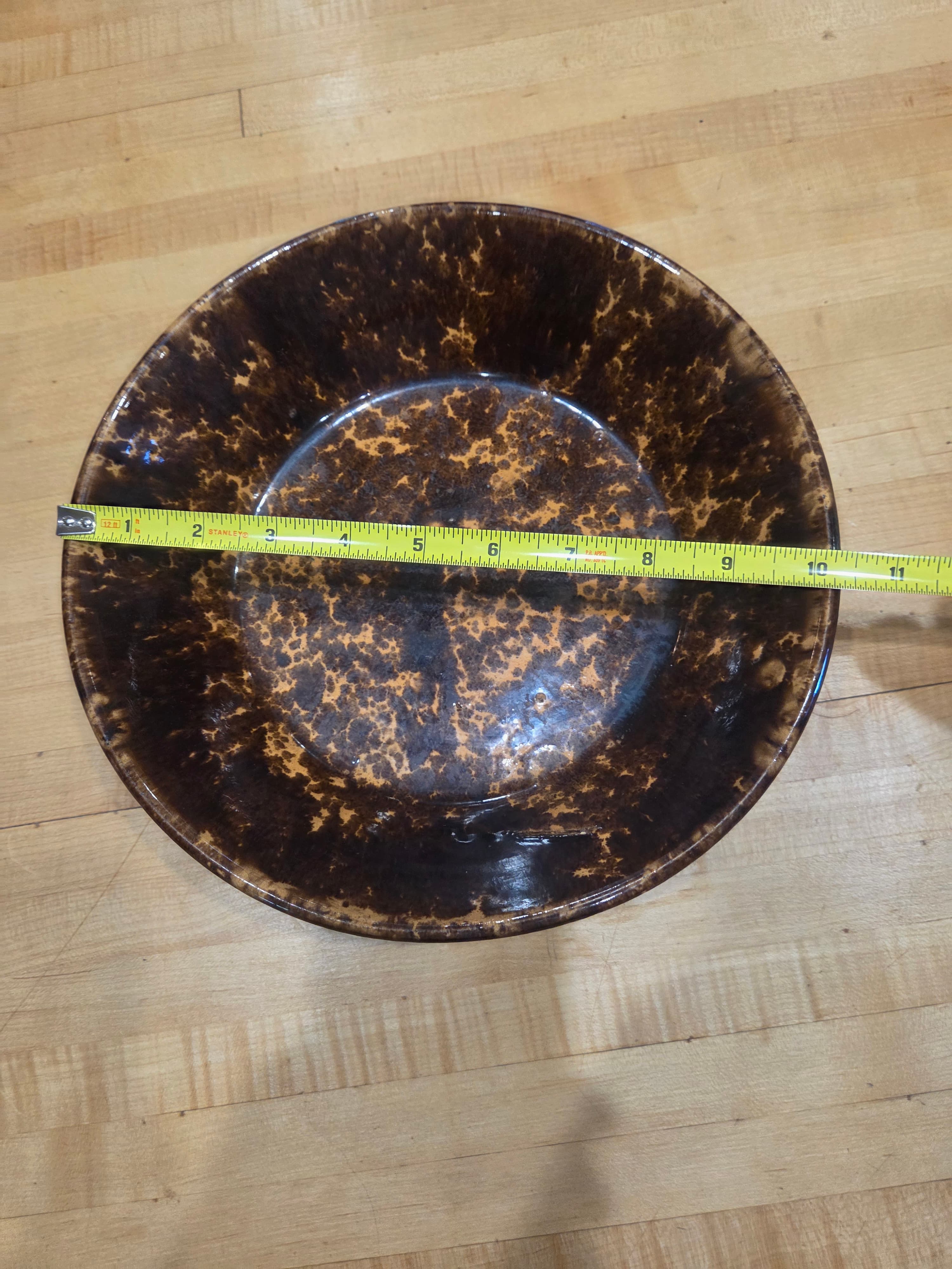 Antique Rockingham Glaze Bennington Style Yellow Ware Spongeware Bowl 11 Inch - Thumbnail 4