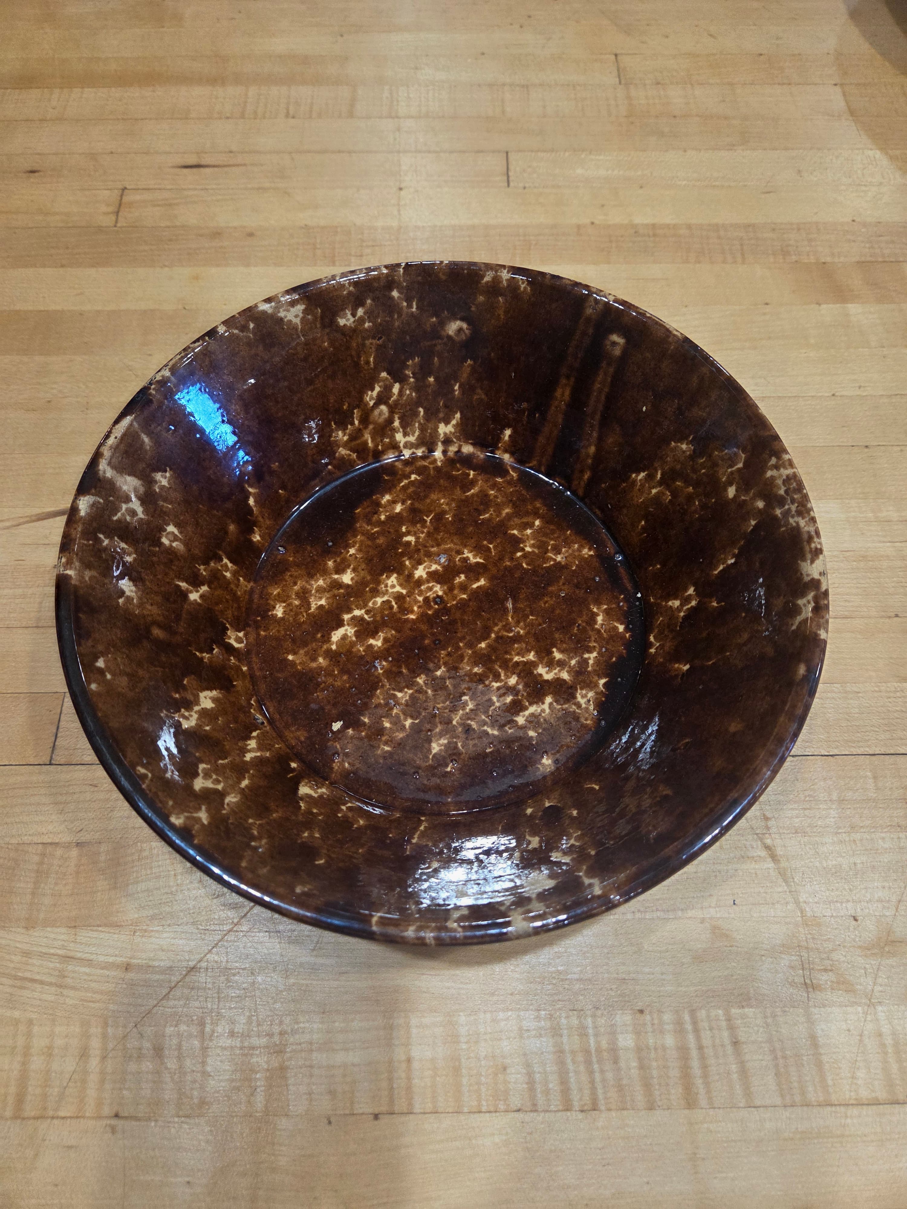Antique 19th Century Rockingham Glaze Sunburst Ribbed Yellow Ware Bowl 9 Inch