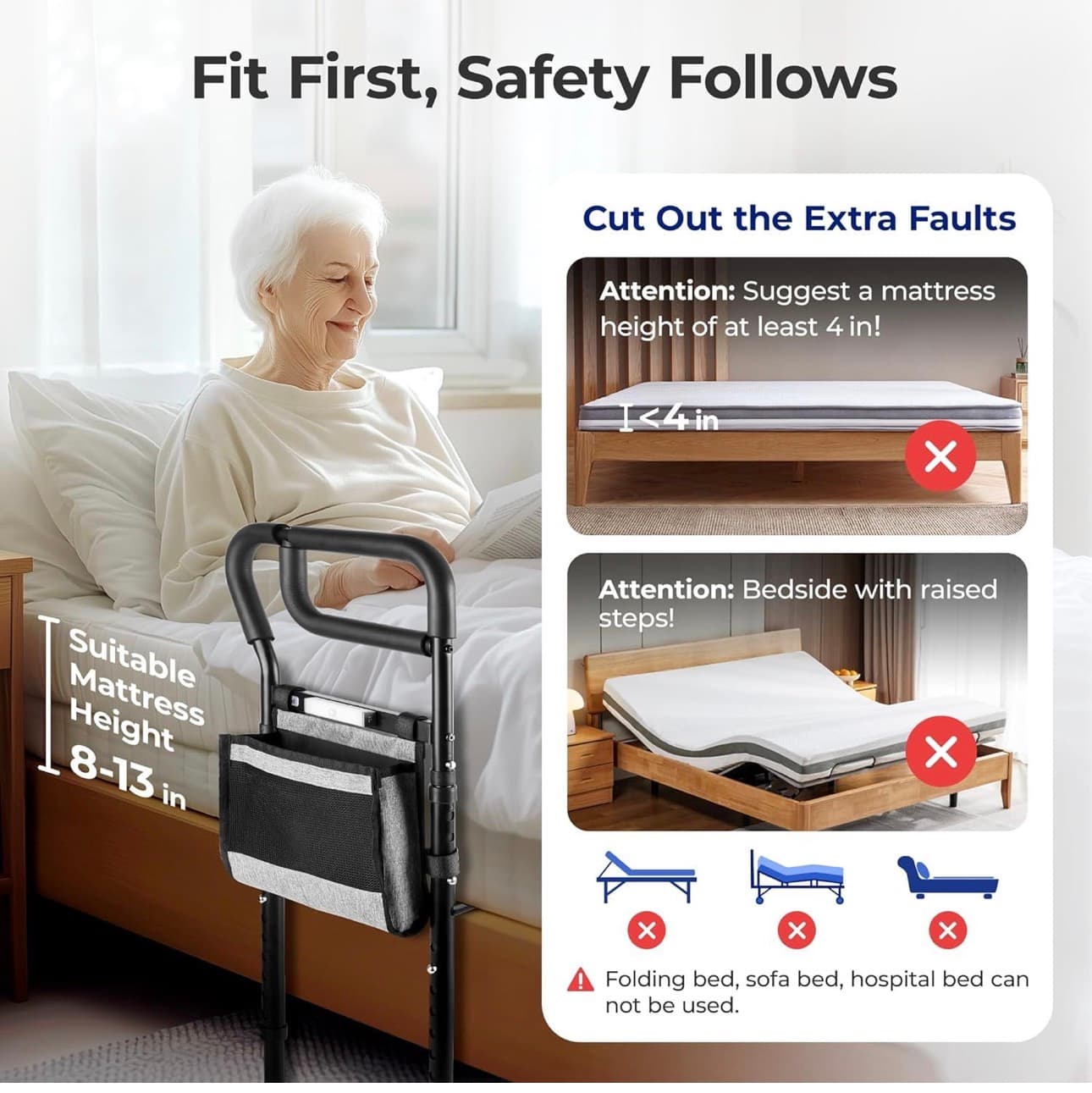 C3 Pro Bed Rails for Elderly Adults Safety, Adjustable Heights with Non-Slip Ergonomic Handle, Stable Bed Assist Rails with Motion Light, Avoid Seniors Bedside Fall - Thumbnail 2