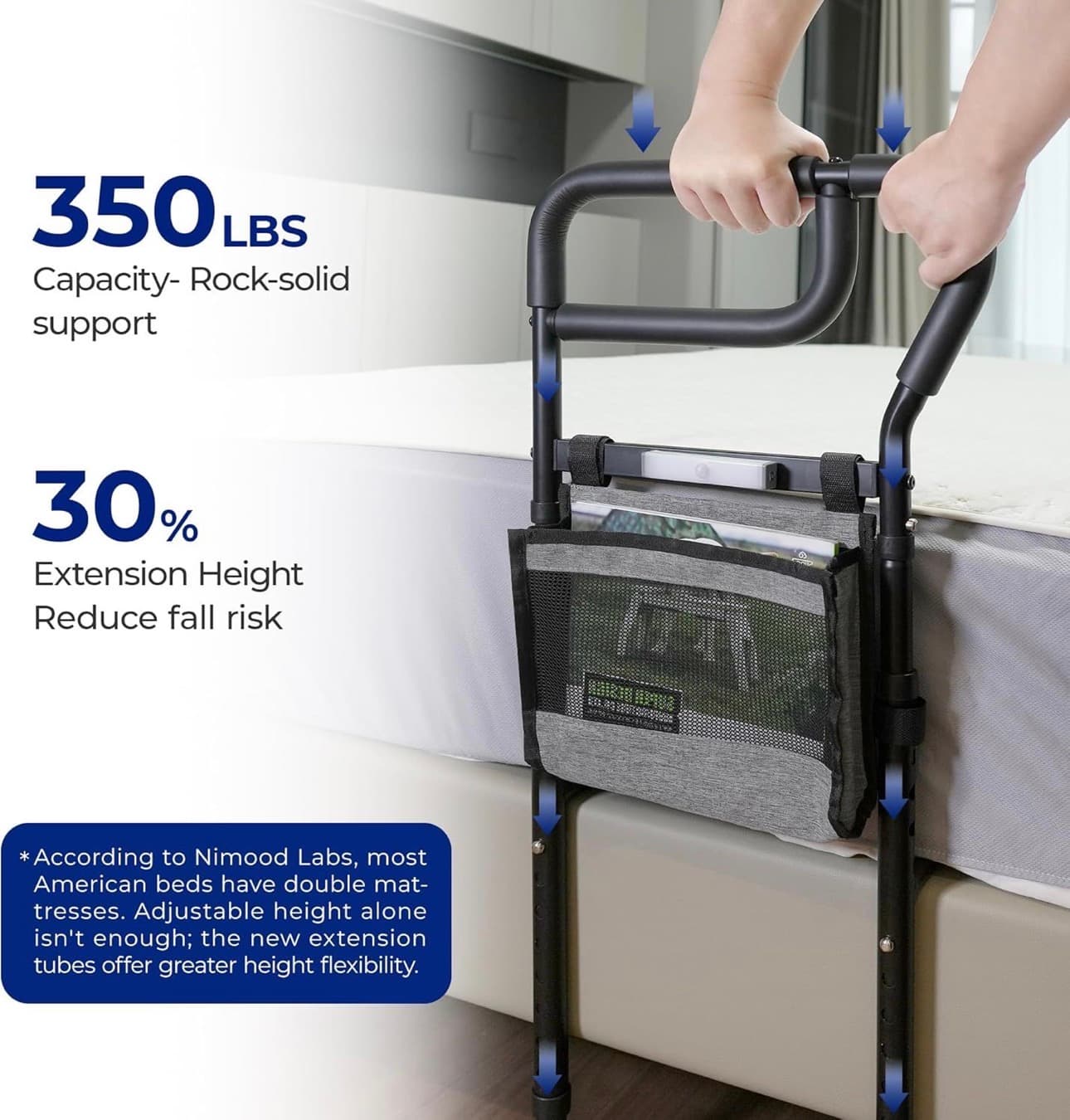 C3 Pro Bed Rails for Elderly Adults Safety, Adjustable Heights with Non-Slip Ergonomic Handle, Stable Bed Assist Rails with Motion Light, Avoid Seniors Bedside Fall - Thumbnail 3