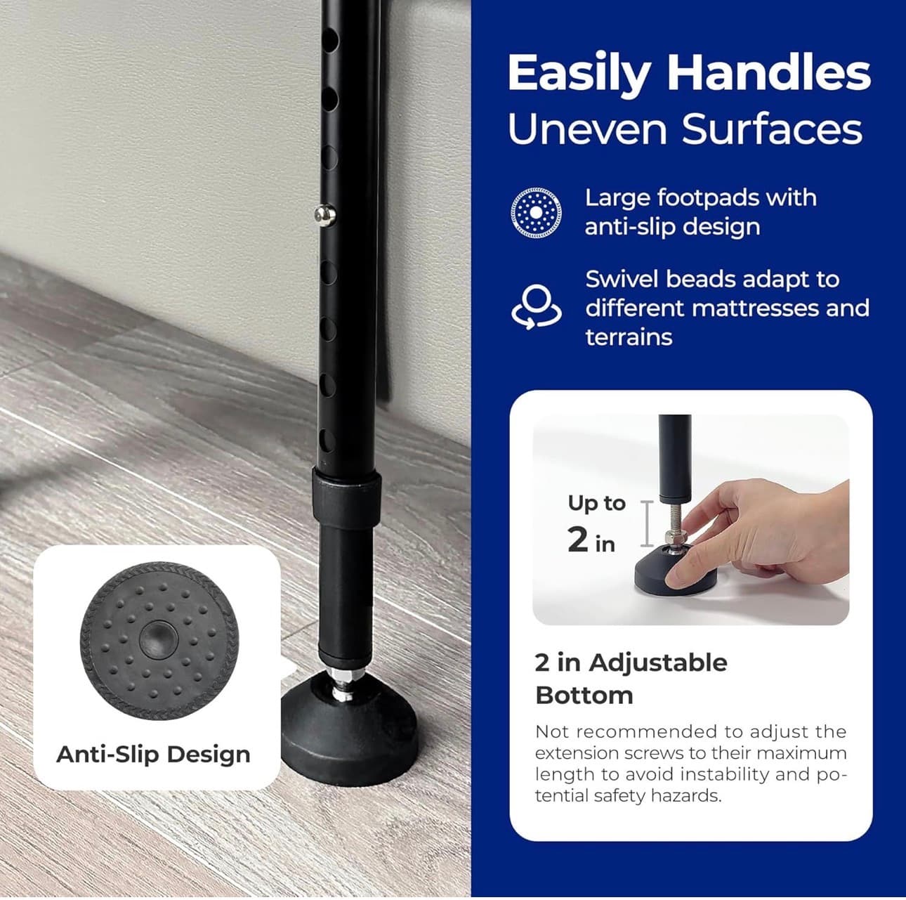 C3 Pro Bed Rails for Elderly Adults Safety, Adjustable Heights with Non-Slip Ergonomic Handle, Stable Bed Assist Rails with Motion Light, Avoid Seniors Bedside Fall - Thumbnail 6