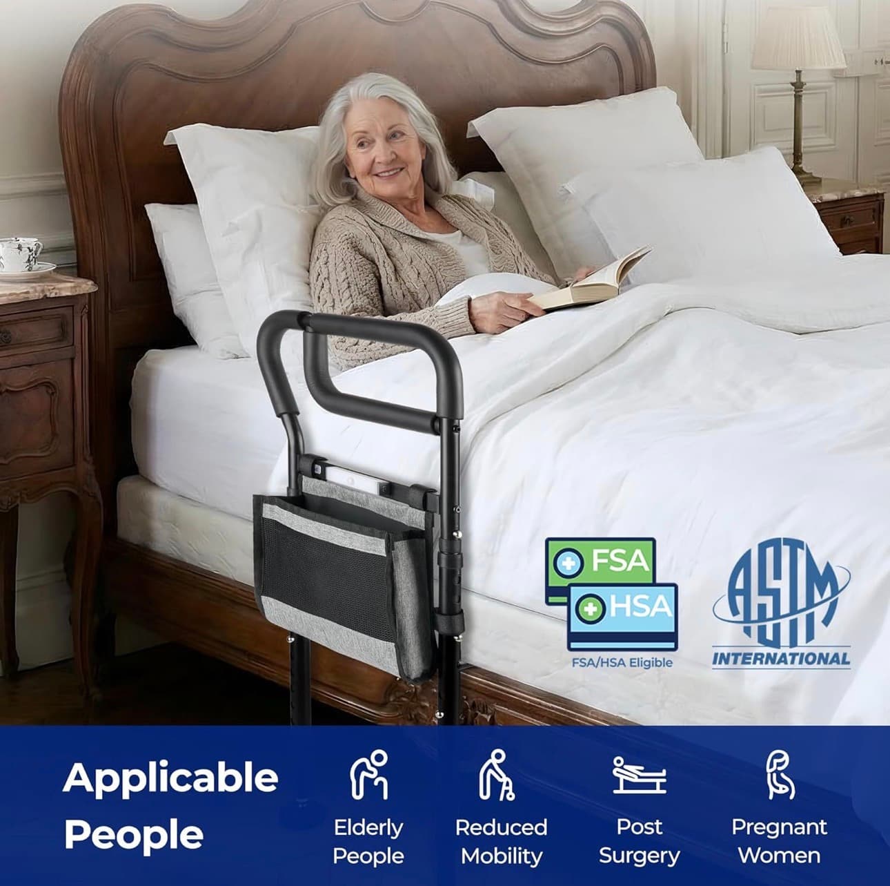 C3 Pro Bed Rails for Elderly Adults Safety, Adjustable Heights with Non-Slip Ergonomic Handle, Stable Bed Assist Rails with Motion Light, Avoid Seniors Bedside Fall - Thumbnail 4