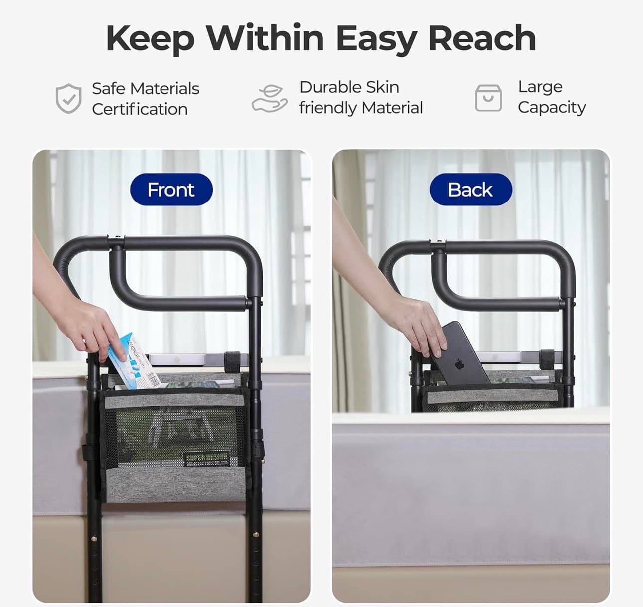 C3 Pro Bed Rails for Elderly Adults Safety, Adjustable Heights with Non-Slip Ergonomic Handle, Stable Bed Assist Rails with Motion Light, Avoid Seniors Bedside Fall - Thumbnail 10