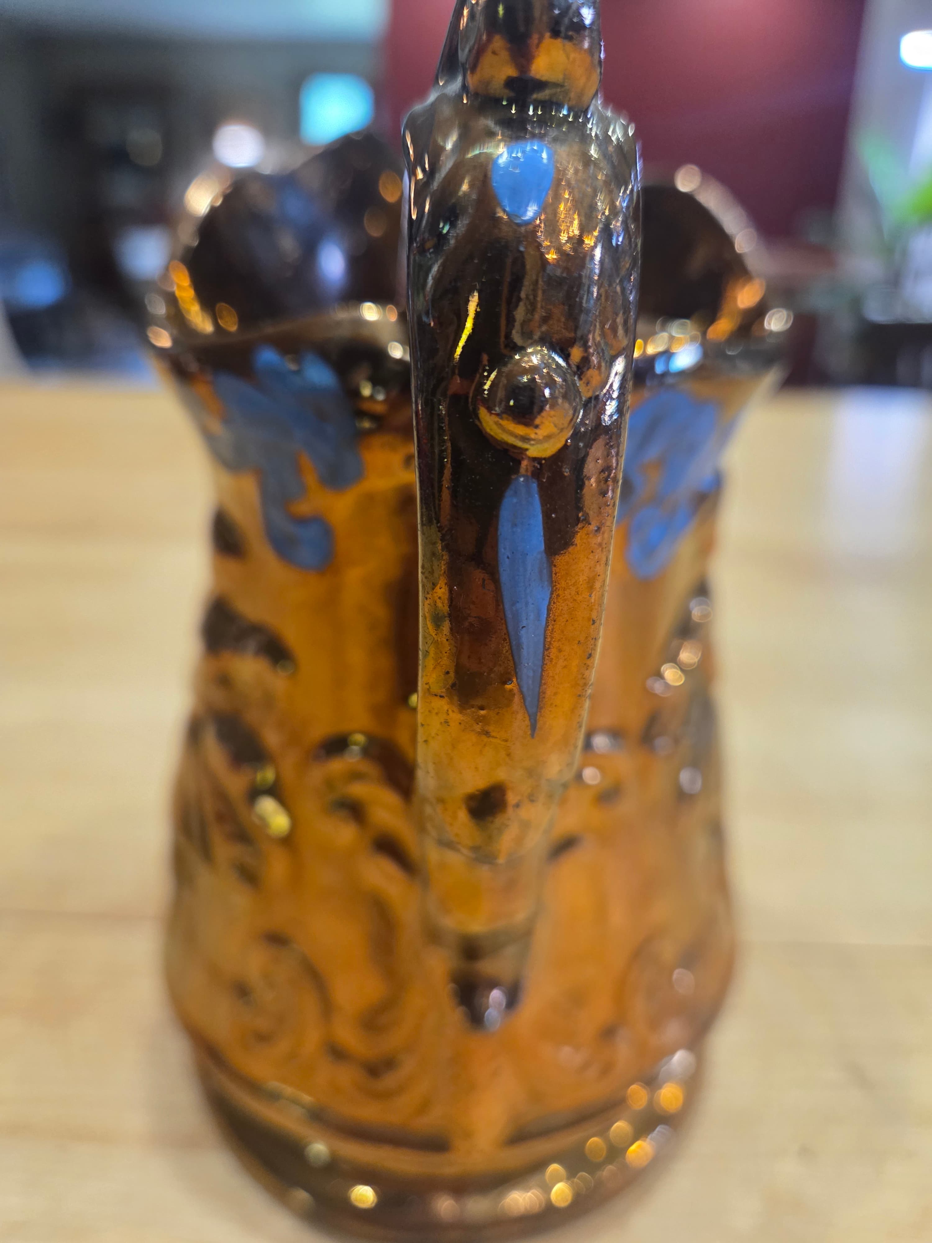 Antique Allertons Copper Lustre Dancers Pitcher Jug Blue Enamel Staffordshire - Thumbnail 2