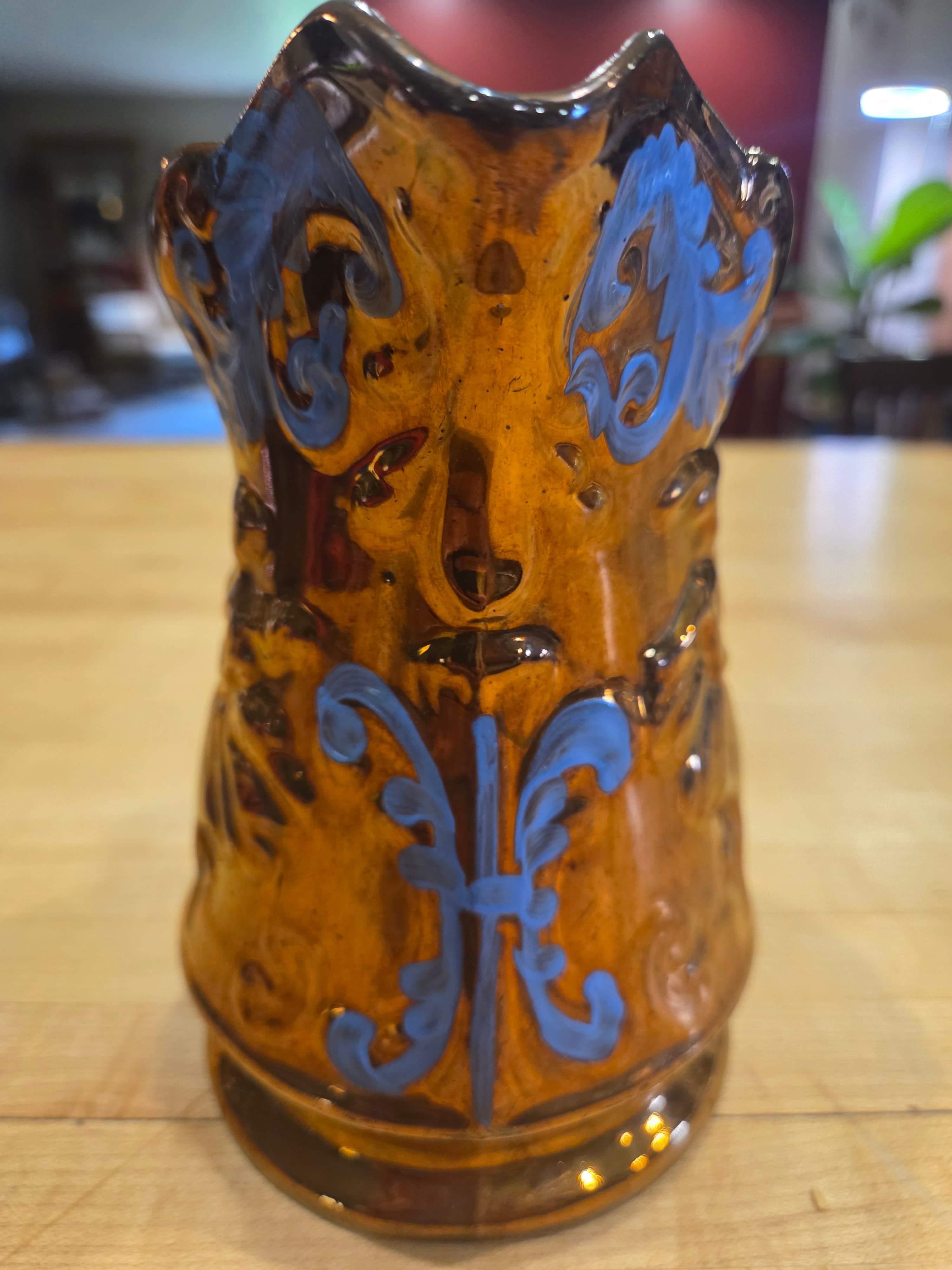 Antique Allertons Copper Lustre Dancers Pitcher Jug Blue Enamel Staffordshire - Thumbnail 3
