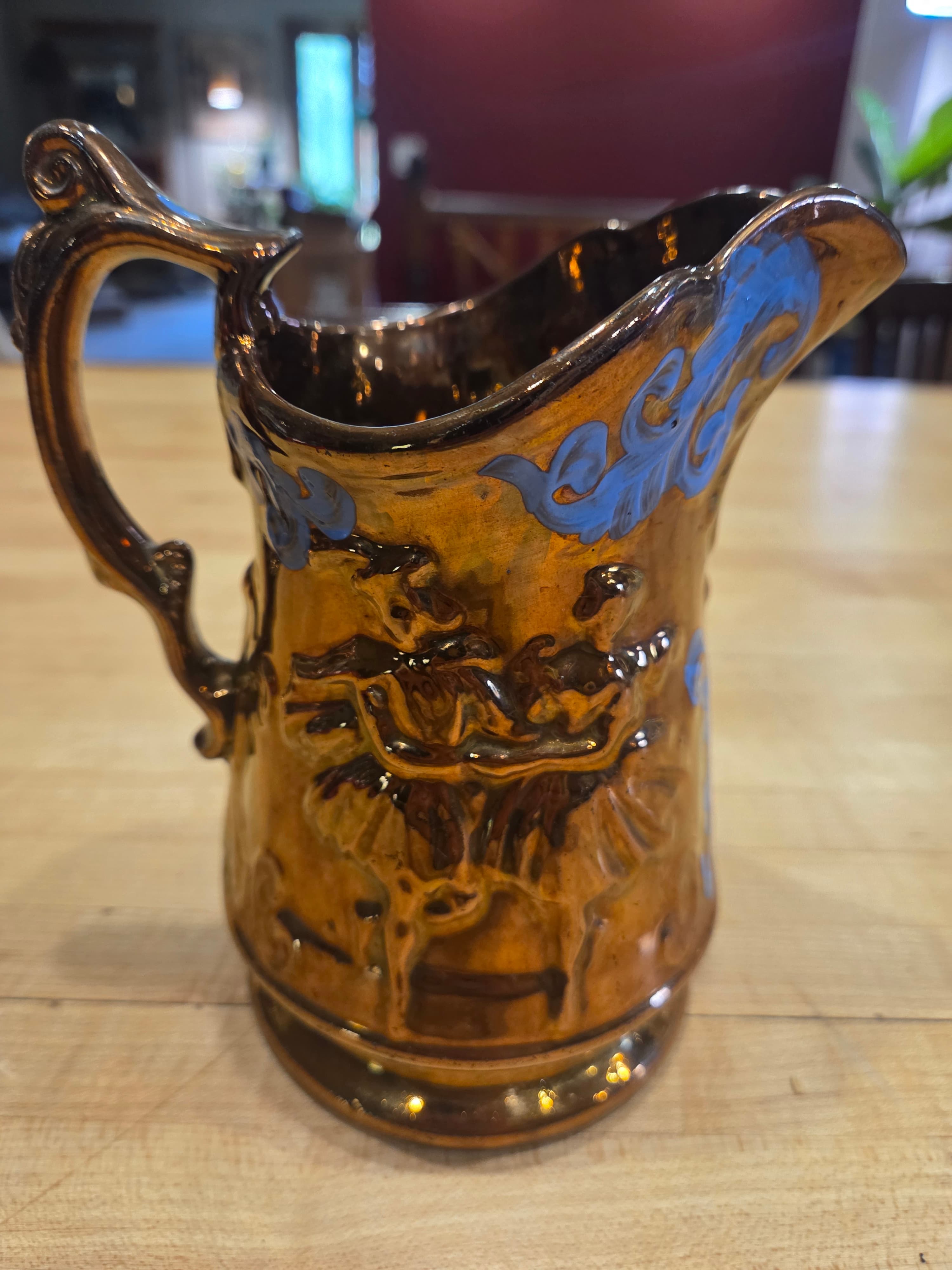Antique Allertons Copper Lustre Dancers Pitcher Jug Blue Enamel Staffordshire - Thumbnail 4