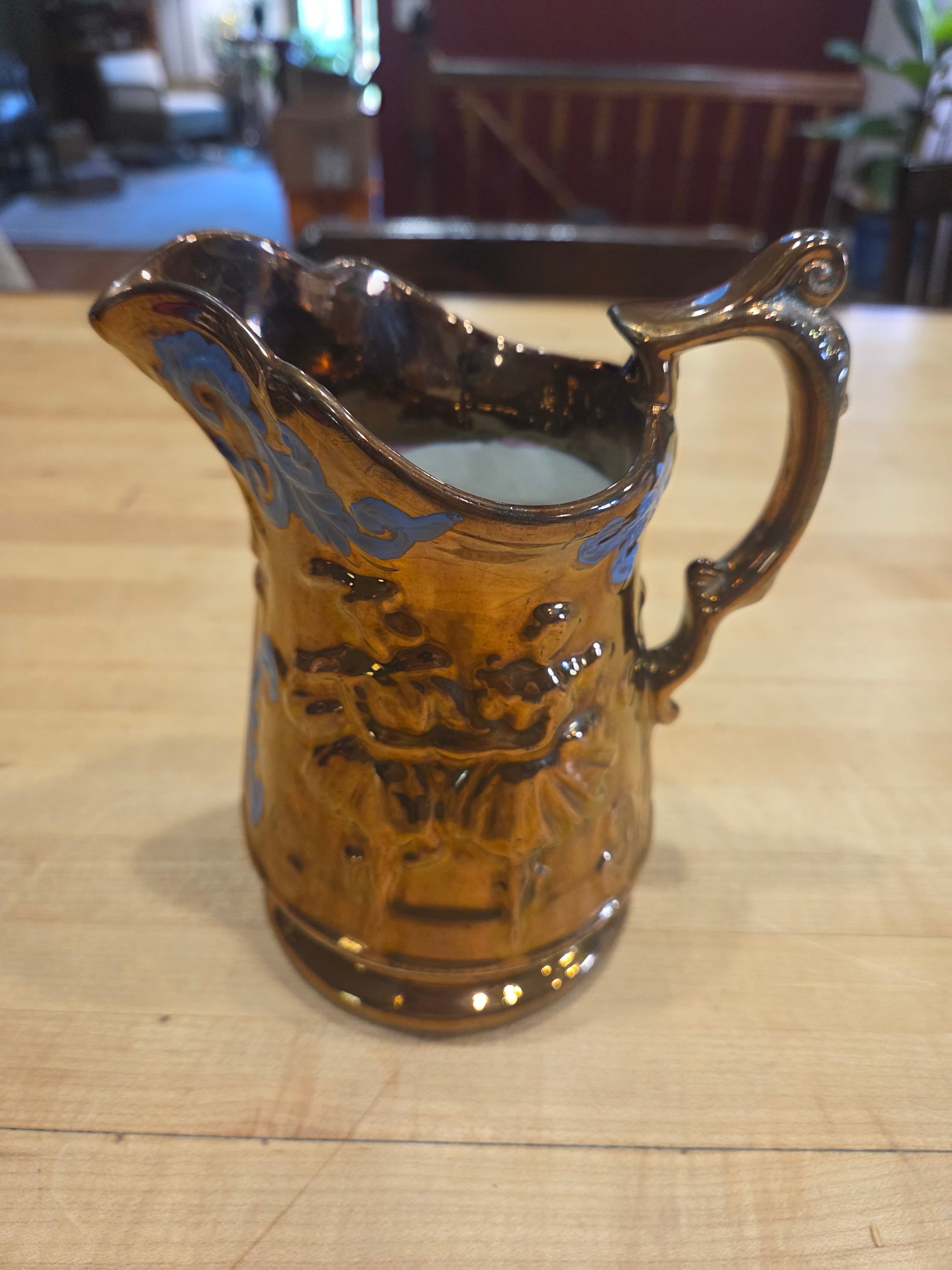 Antique Allertons Copper Lustre Dancers Pitcher Jug Blue Enamel Staffordshire - Thumbnail 5