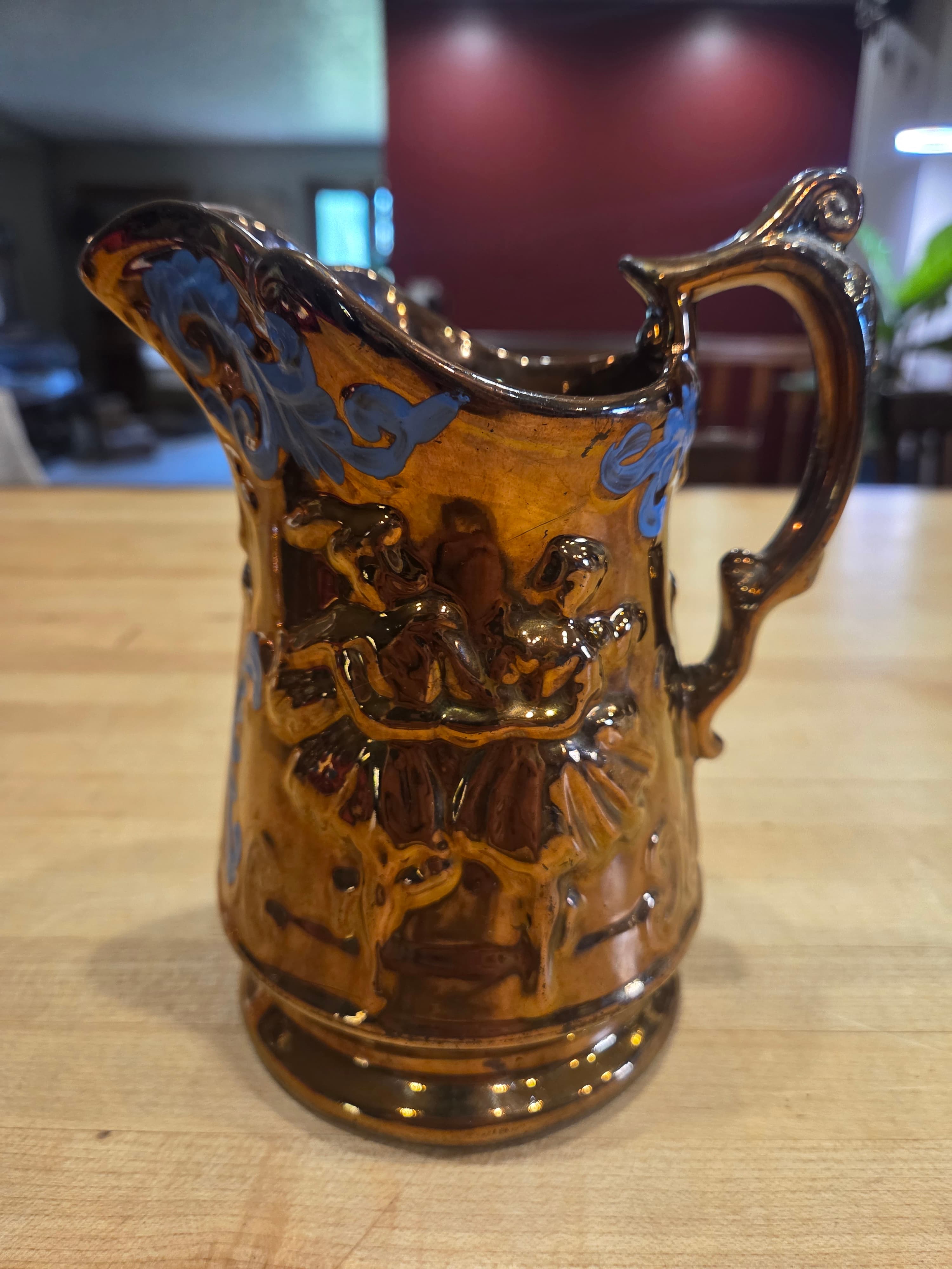 Antique Allertons Copper Lustre Dancers Pitcher Jug Blue Enamel Staffordshire