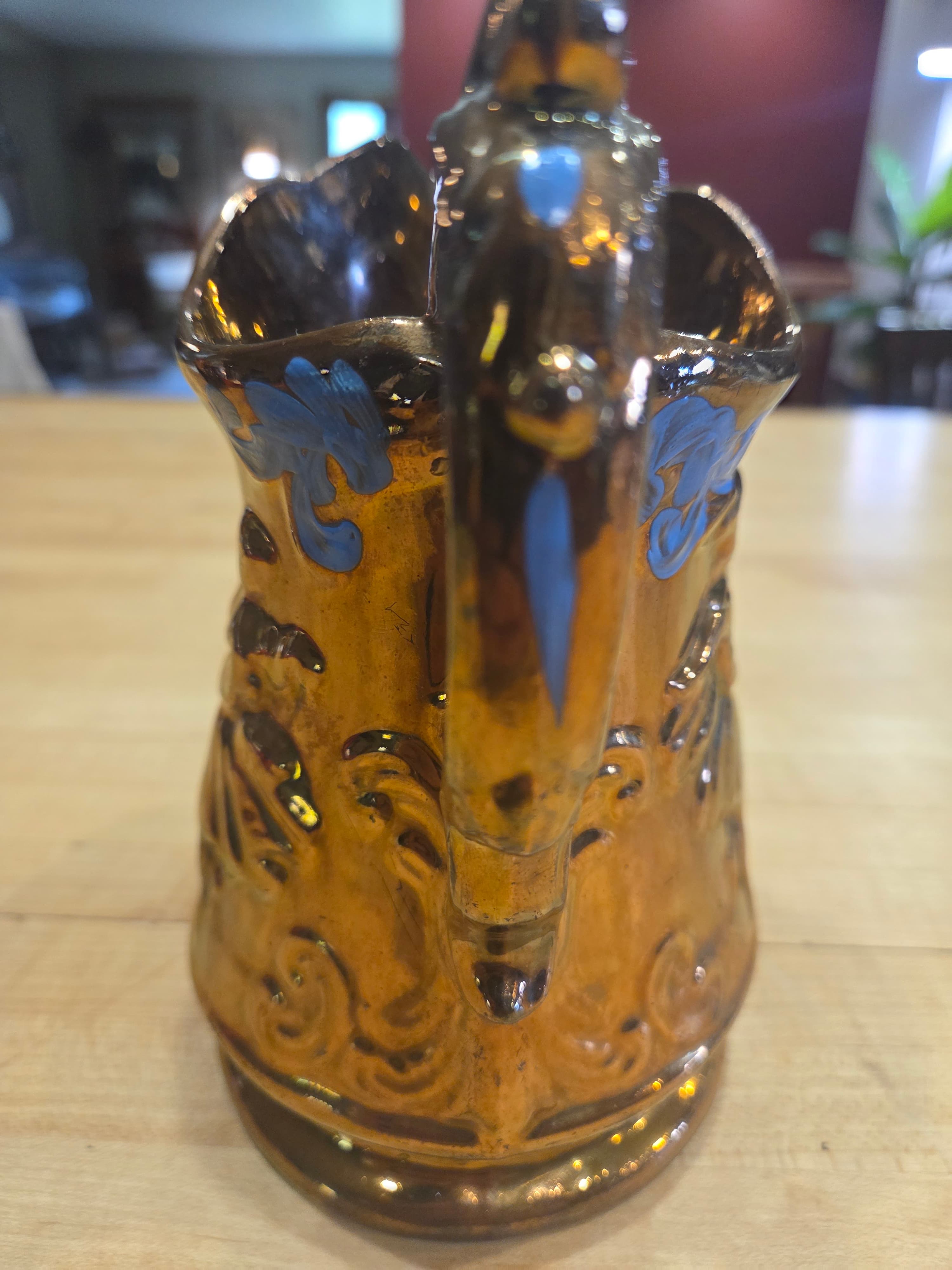 Antique Allertons Copper Lustre Dancers Pitcher Jug Blue Enamel Staffordshire - Thumbnail 6
