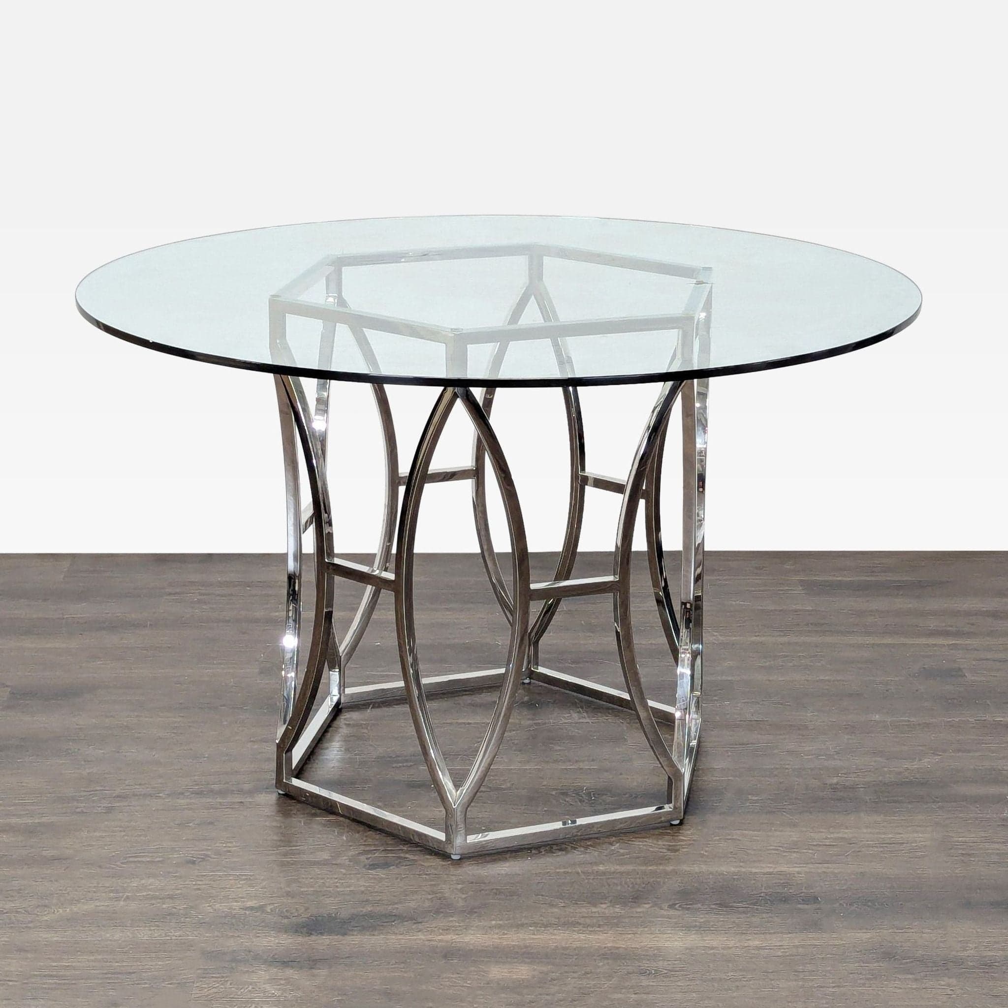 Glass Top Table with Polished Steel Hexagon Base - Thumbnail 2